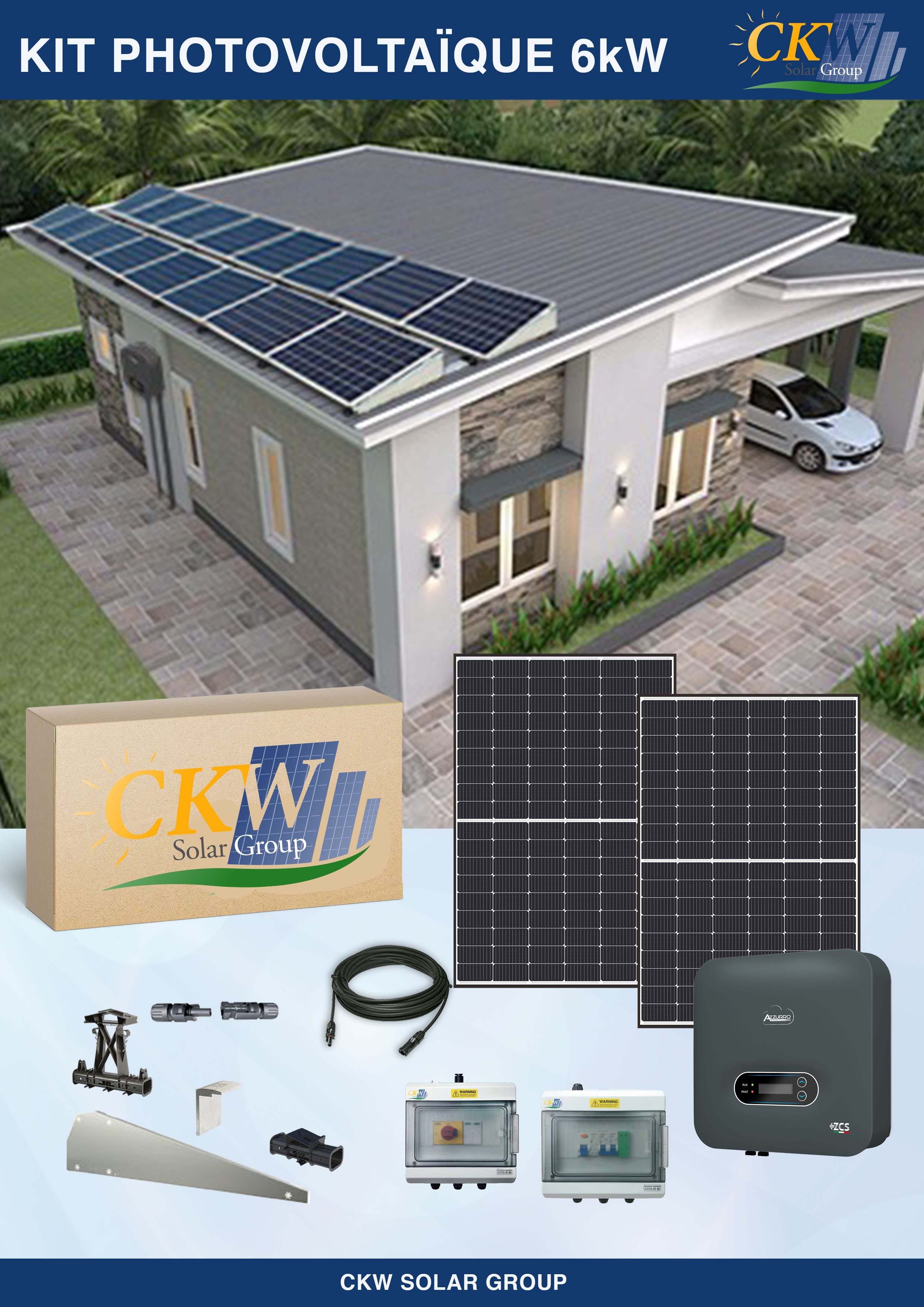 CKW Solar Group - Kit Solaire onduleur 6kW-triphase-16 panneaux 375W-toit plat ETN-Coffret AC-DC