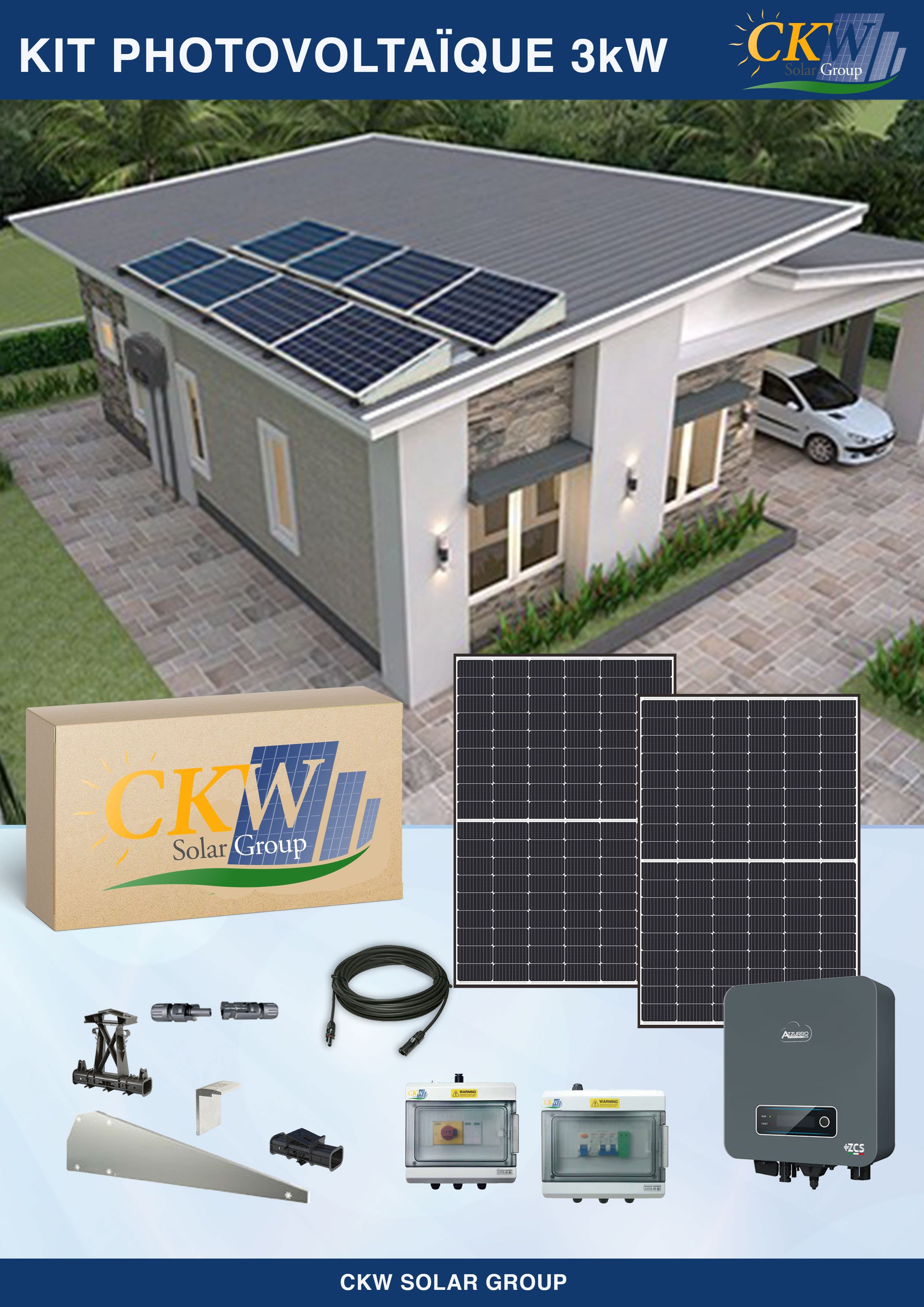 CKW Solar Group - Kit Solaire onduleur 3KW-8 panneaux 375W-toit plat ETN-Coffret AC-DC