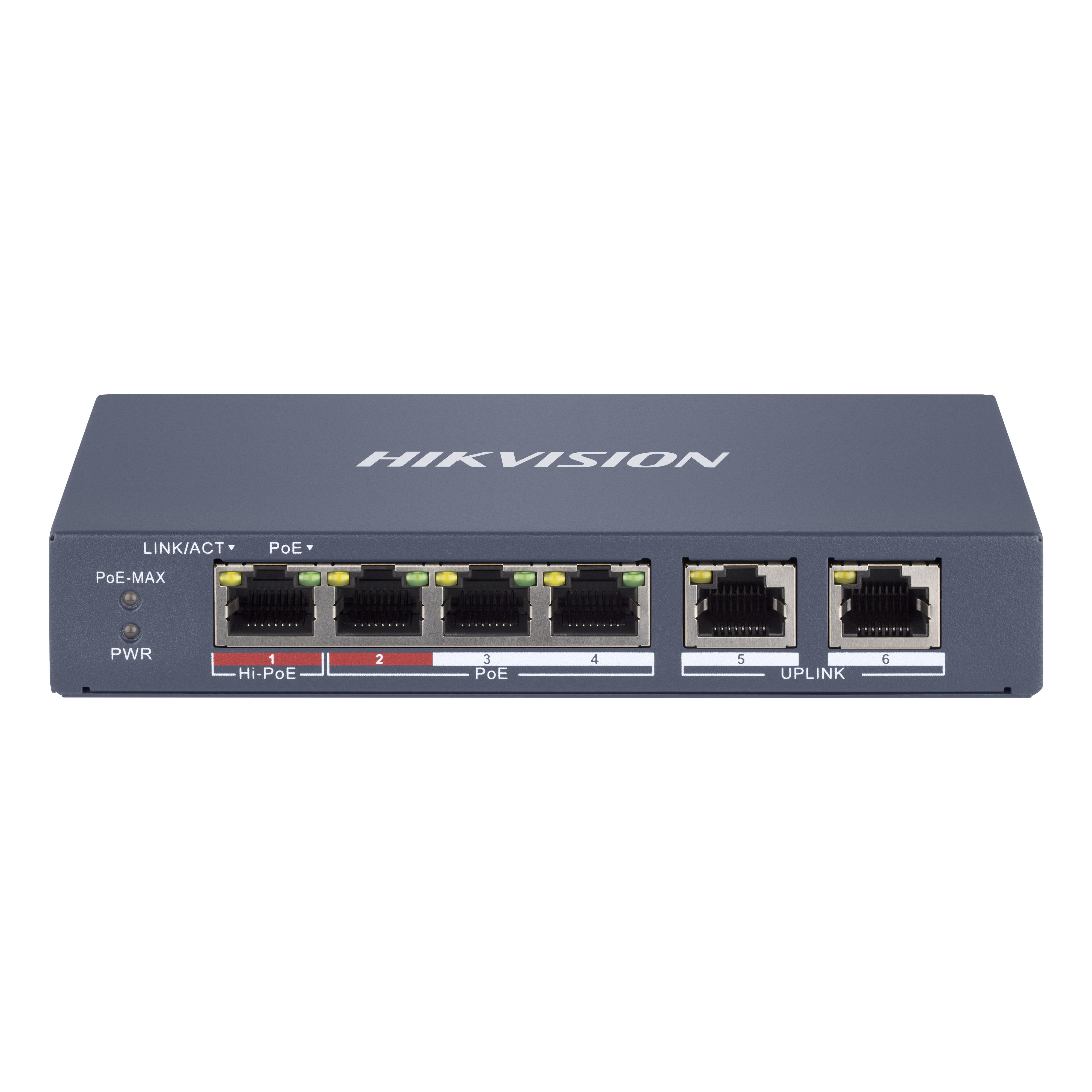 Hikvision - DS-3E1106HP-EI Switch Manageable 4 ports POE + 2 ports RJ45, Plug & Play 300m