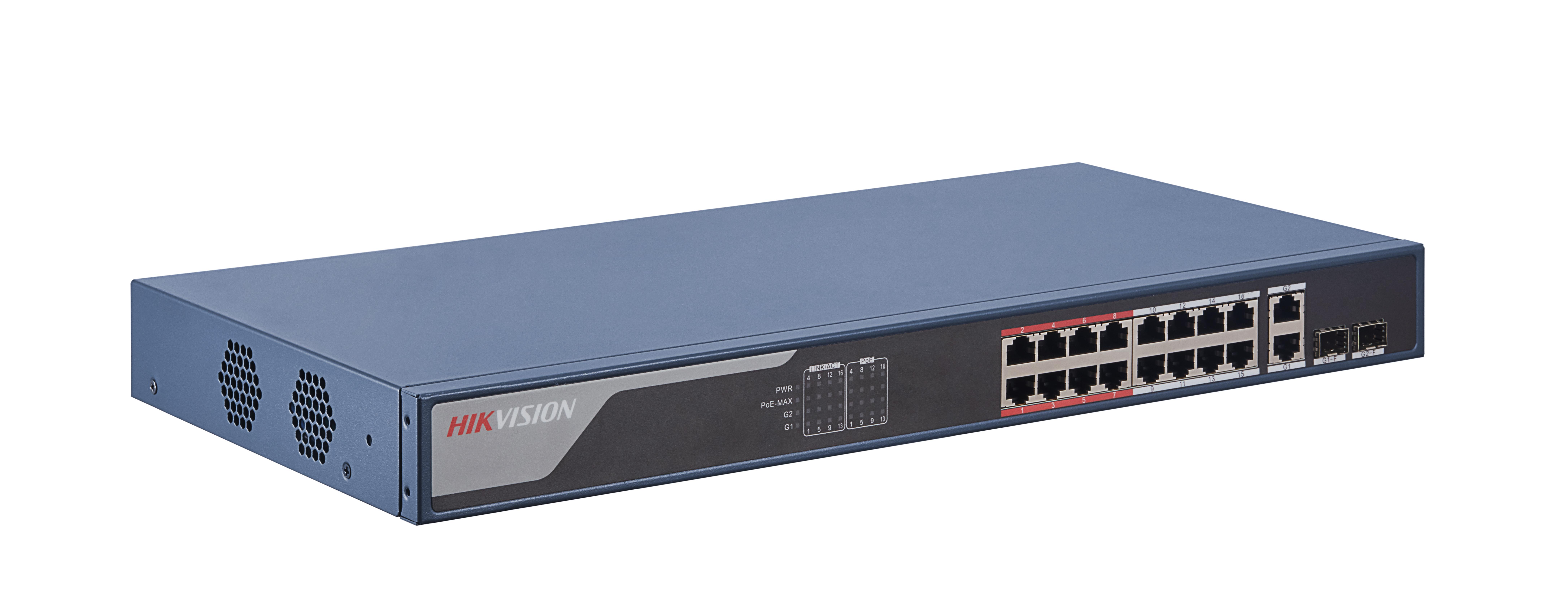 Hikvision - DS-3E1318P-EIV2 Switch Manageable 16 ports POE + 2 ports RJ45, Plug & Play 300m