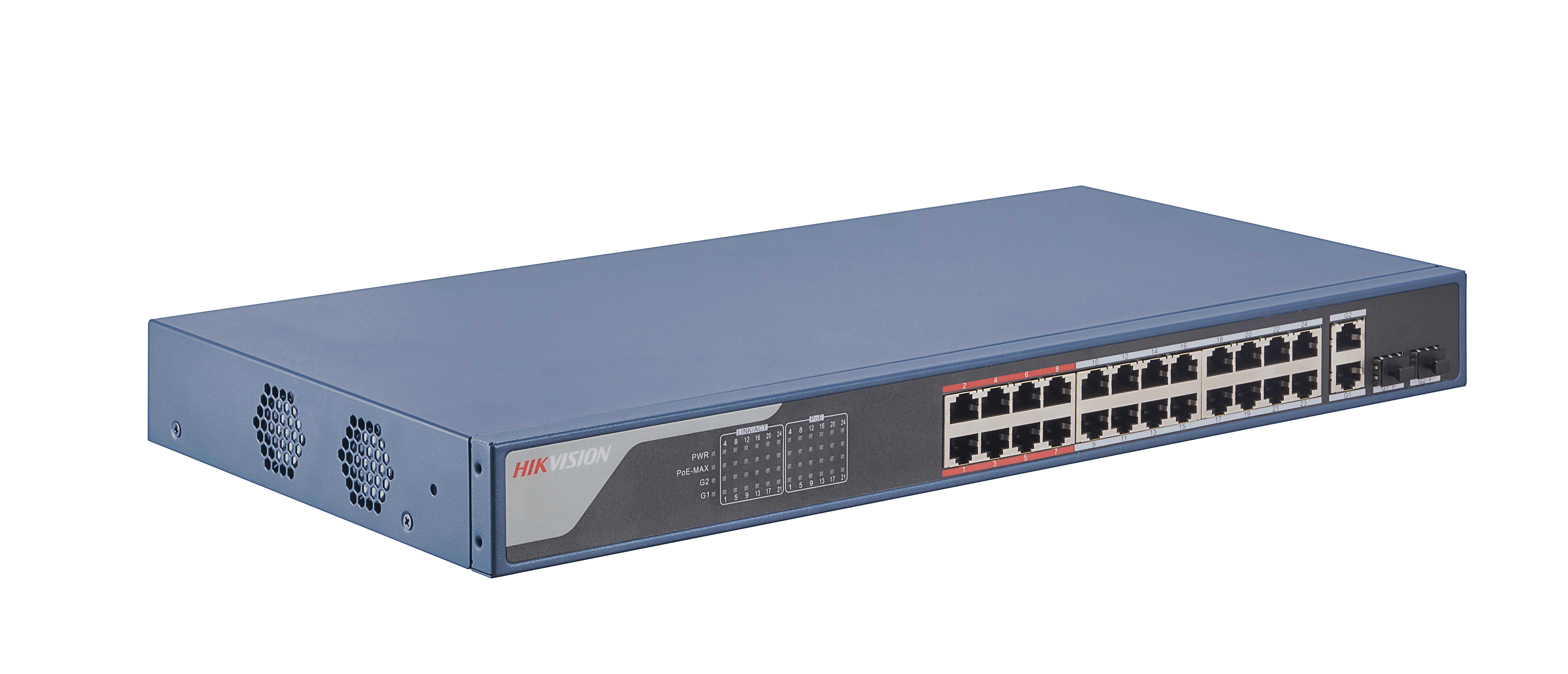 Hikvision - DS-3E1326P-EIV2 Switch Manageable 24 ports POE + 2 ports RJ45, Plug & Play, 300m