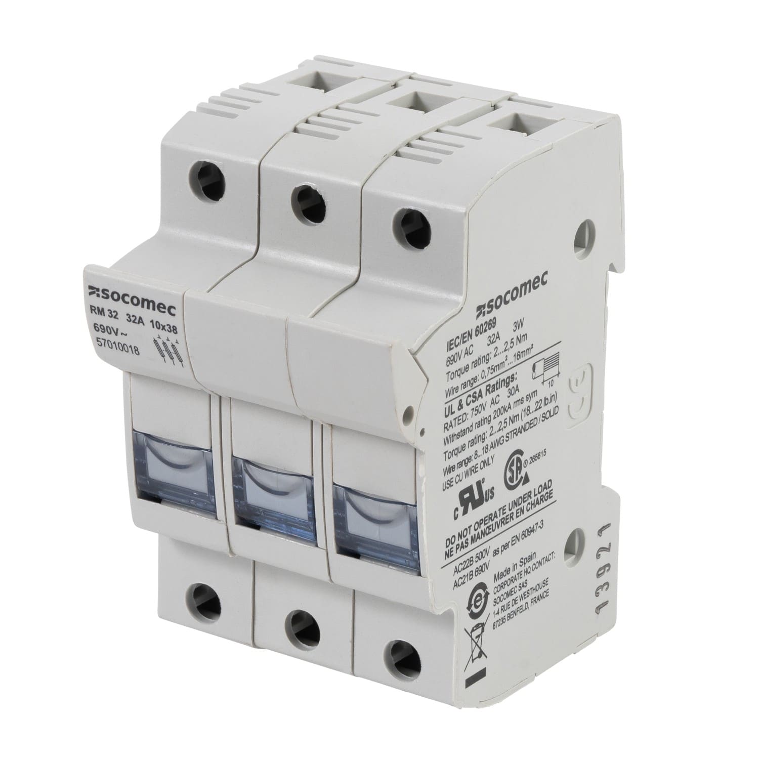 Socomec - Sectionneur-fusible RM32 sans cont. aux. de sign.-32A-3P-NFC 10x38
