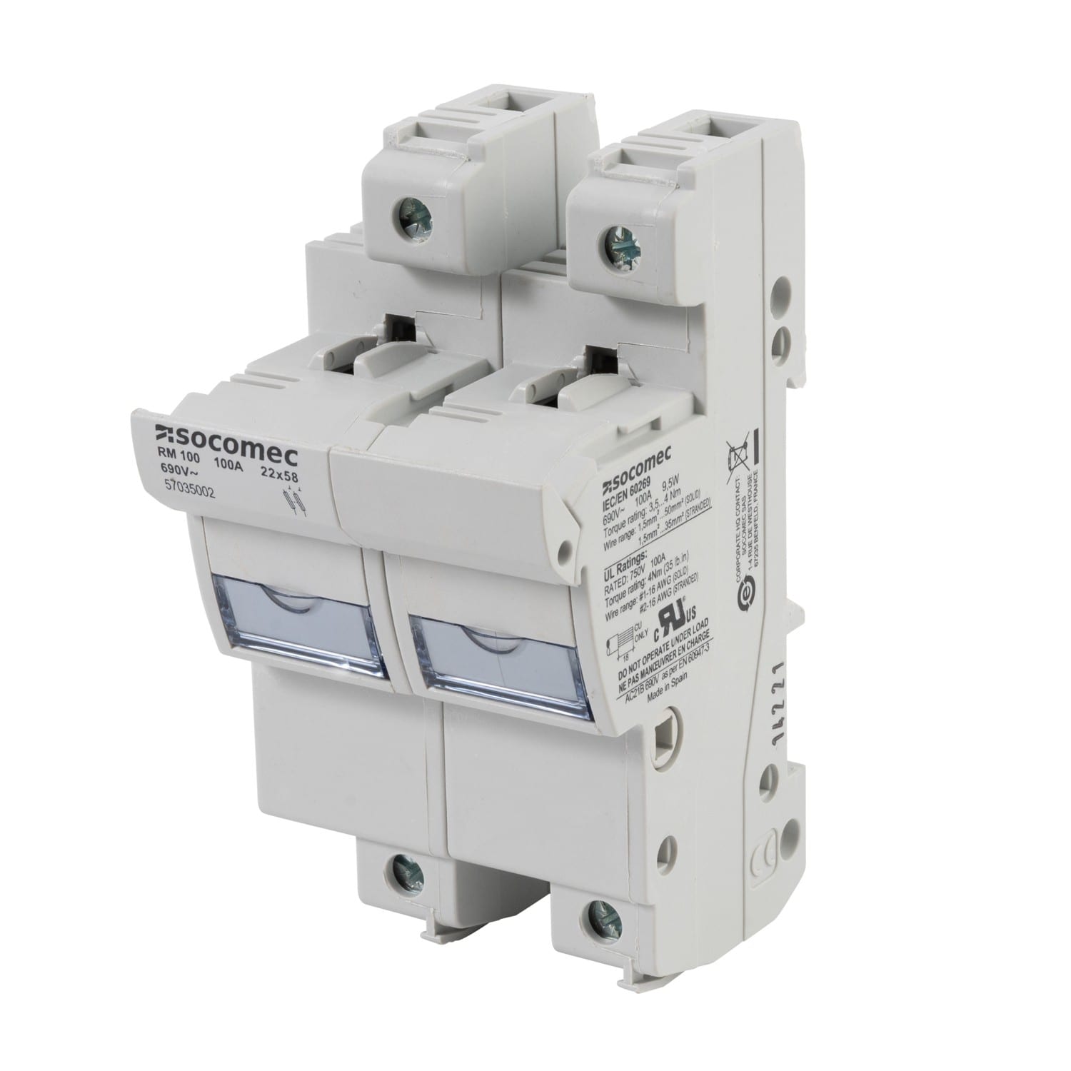 Socomec - Sectionneur-fusible RM100 sans cont. aux. de sign.-100A-2P-NFC 22x58