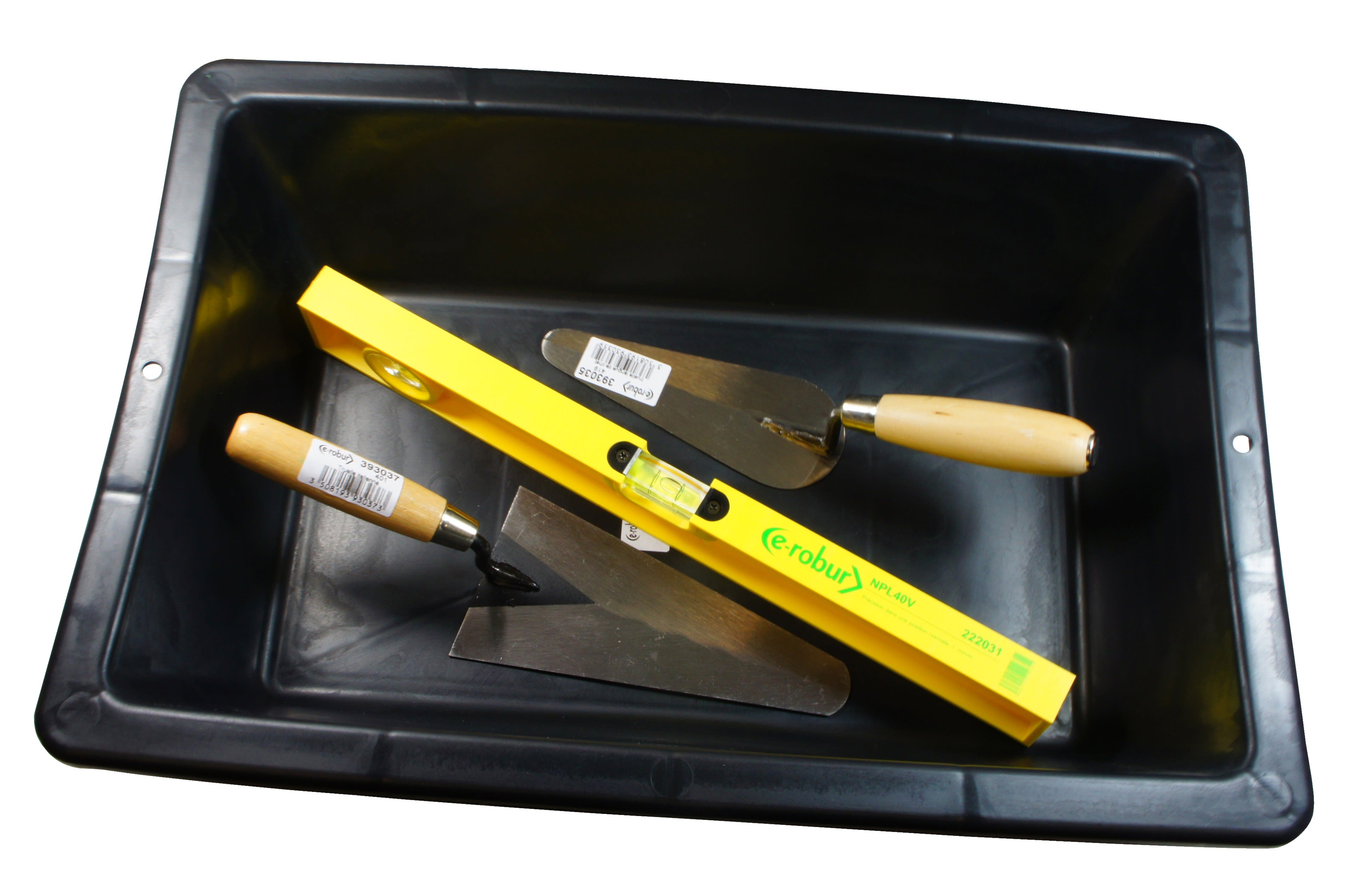 AGI Robur - Kit auge plastique 10 litres, niveau plastique 40 cm, truelle langue de chat 16