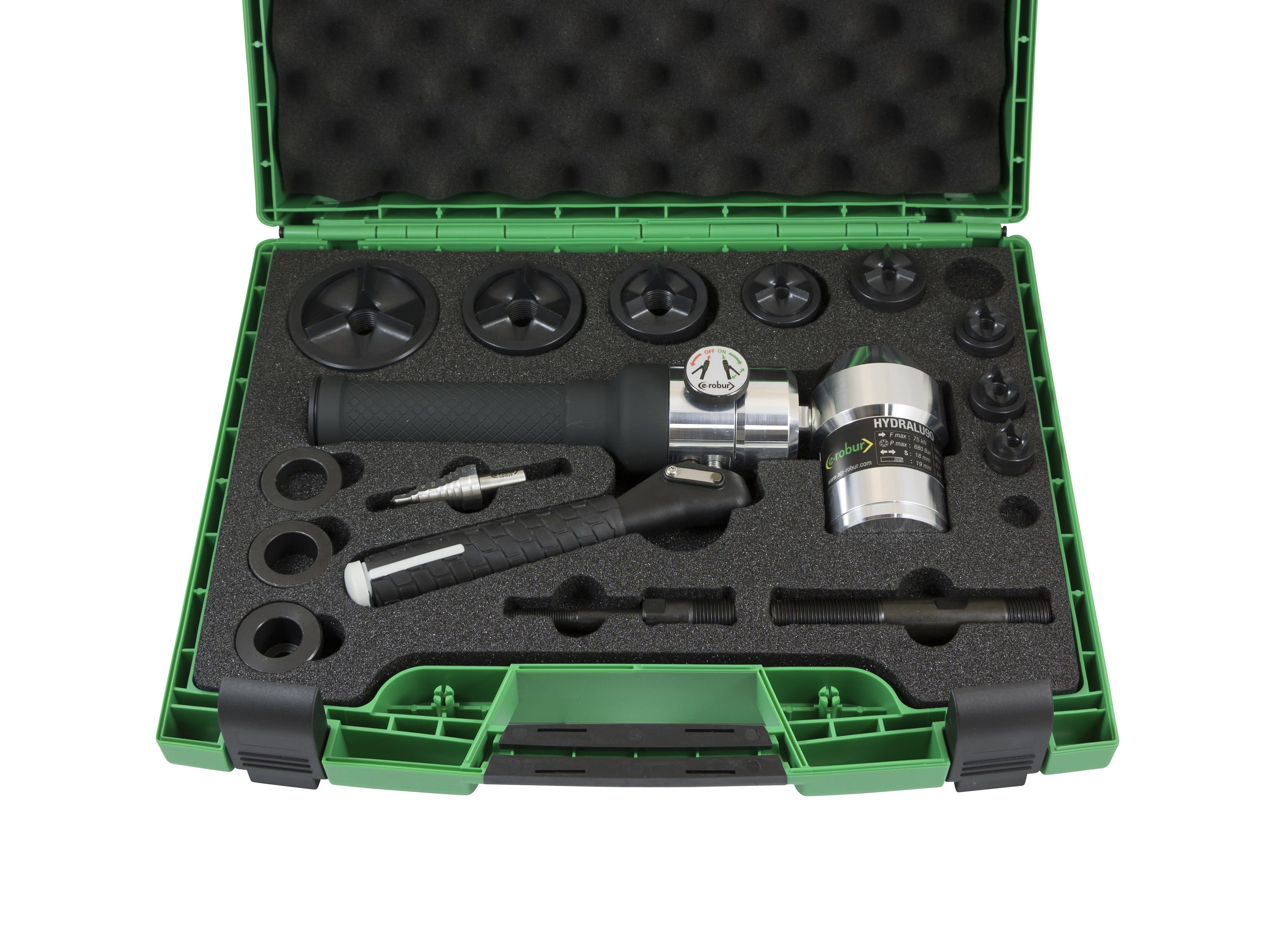 AGI Robur - Coffret 7 poinçons et matrices e-vo3+, ISO 16à 63, avec appareil hydraulique