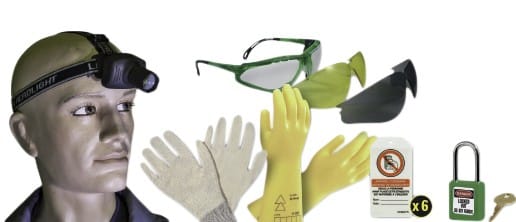 AGI Robur - Kit de sécurité électrique contenant lunettes, gants, cadenas et étiquettes.
