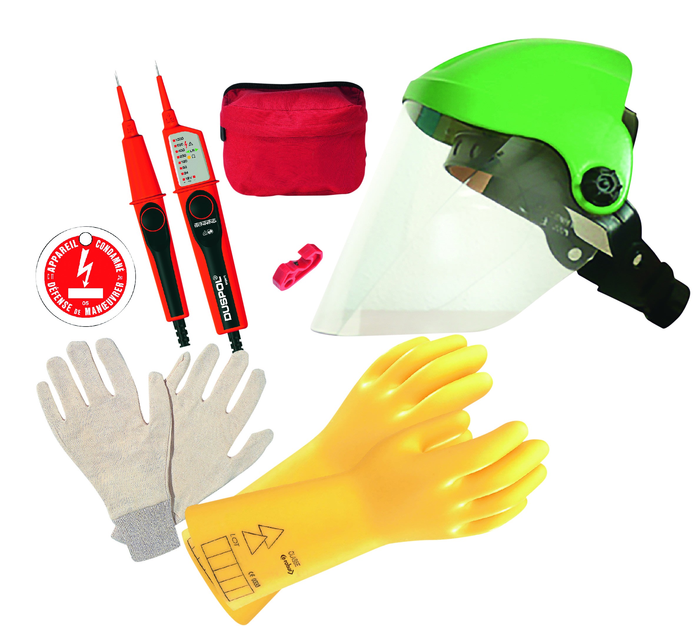 AGI Robur - Kit consignation BT: testeur, macaron, gants, bloque-disjoncteurs, pare-visage.