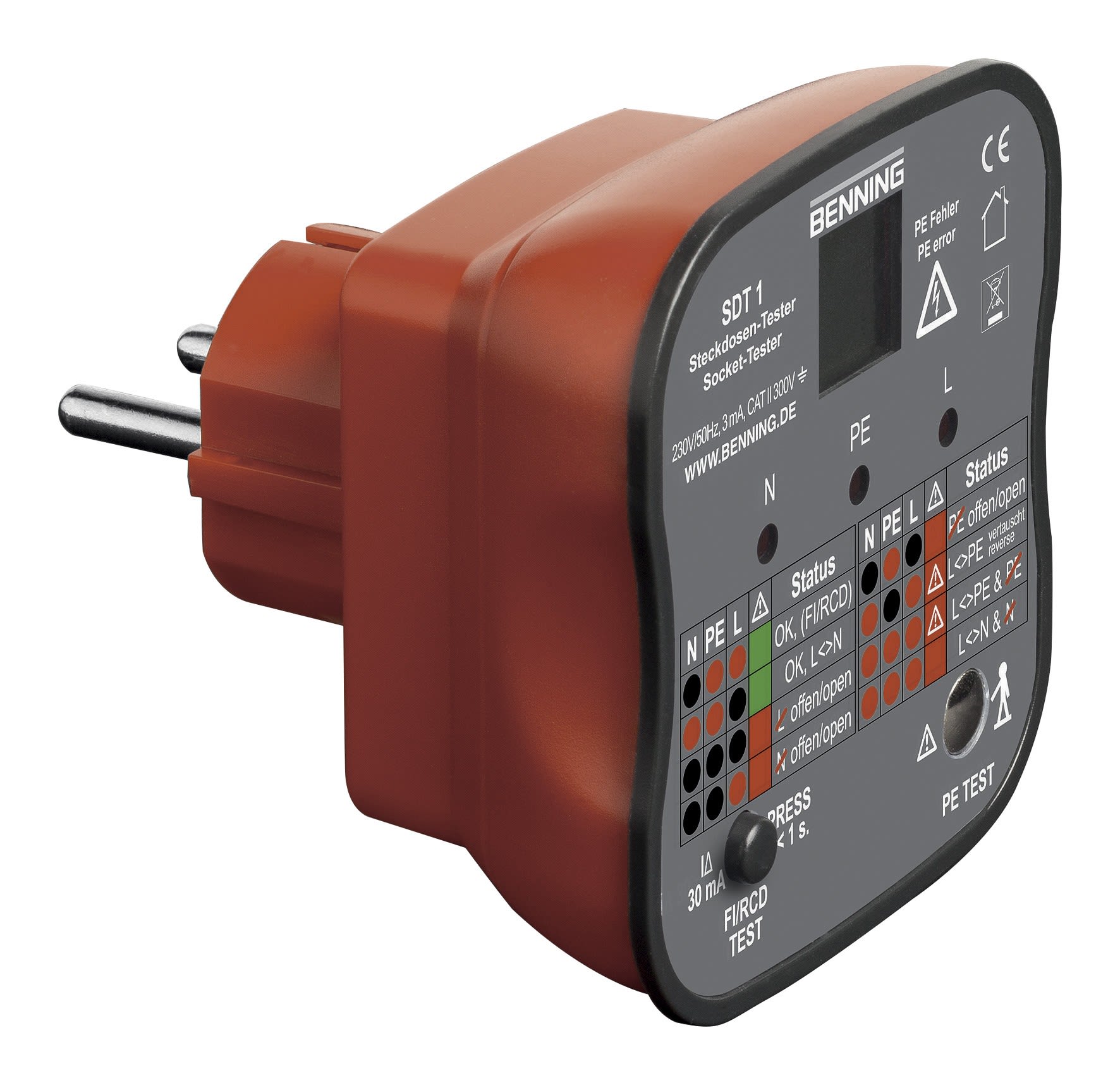 AGI Robur - Testeur de prise de courant, test erreur câblage, terre, décl. 30mA