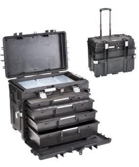 AGI Robur - Valise de rangement étanche. 1 bac, 4 tiroirs. Poignée télescopique et roues