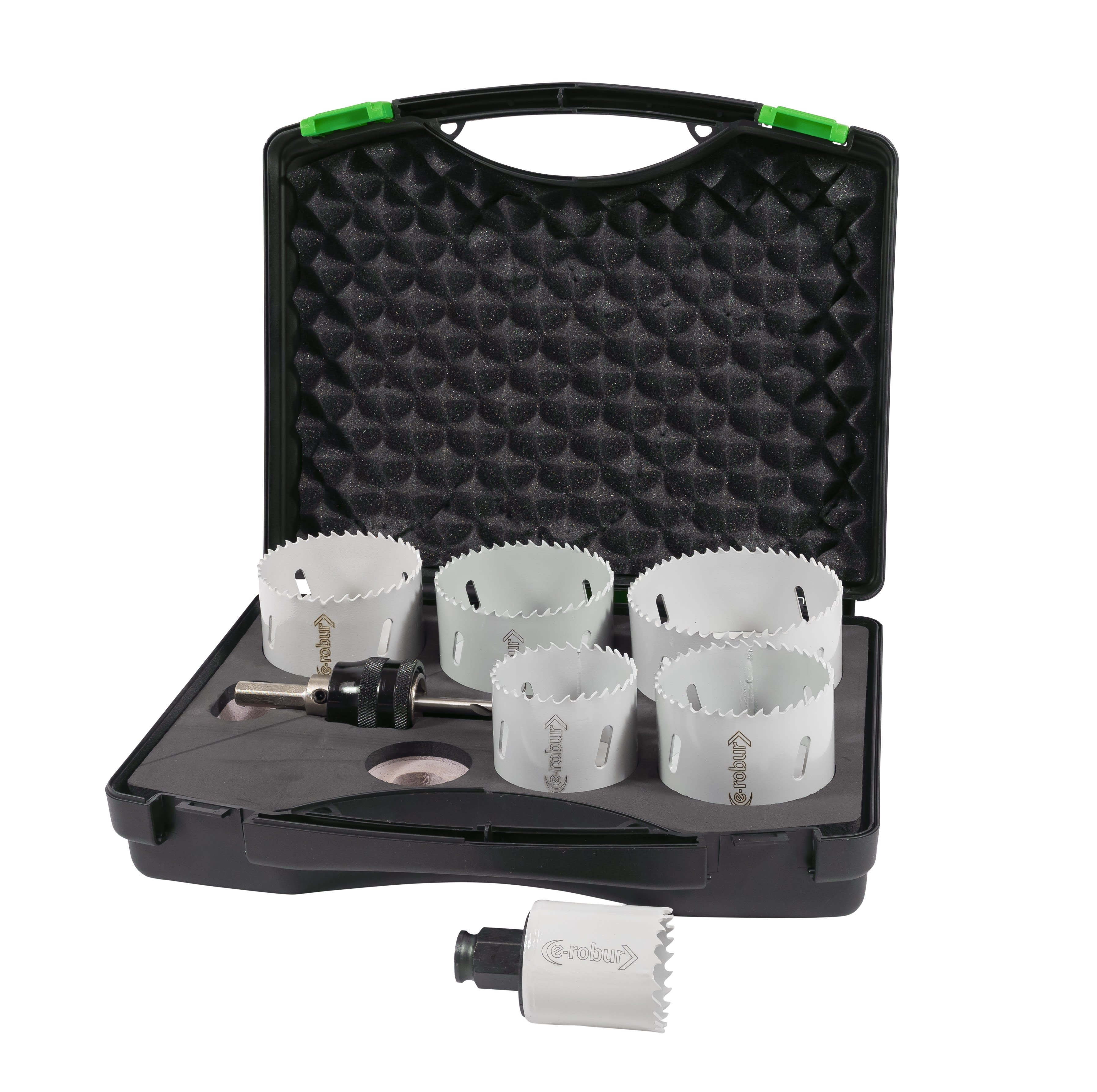 AGI Robur - Coffret de 6 scies trépan HSS bimétal 40-54-65-68-73-86 mm avec arbre moteur.