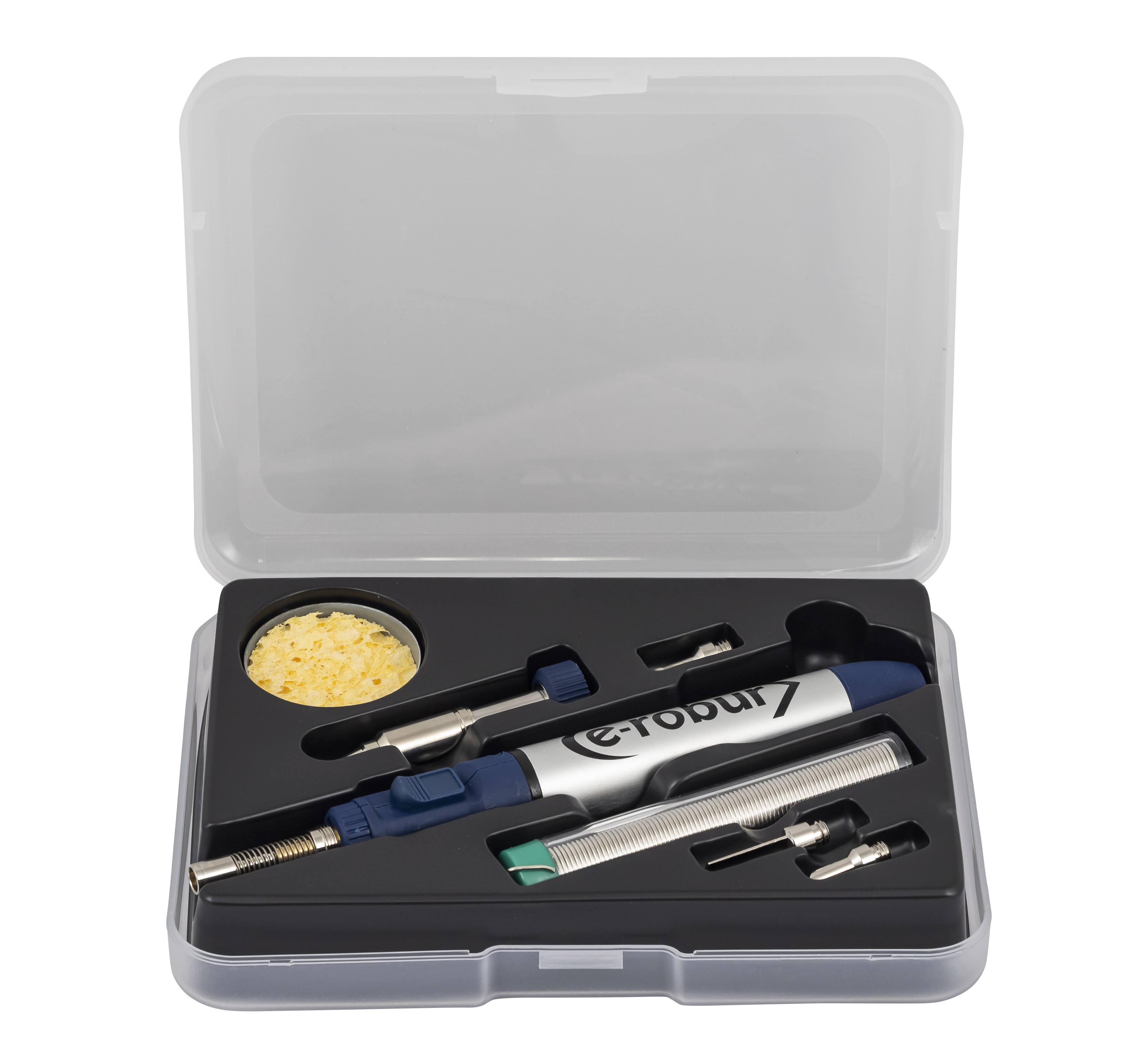 AGI Robur - Kit fer à souder à gaz, 30/70W, 4 pannes, support, éponge et coffret