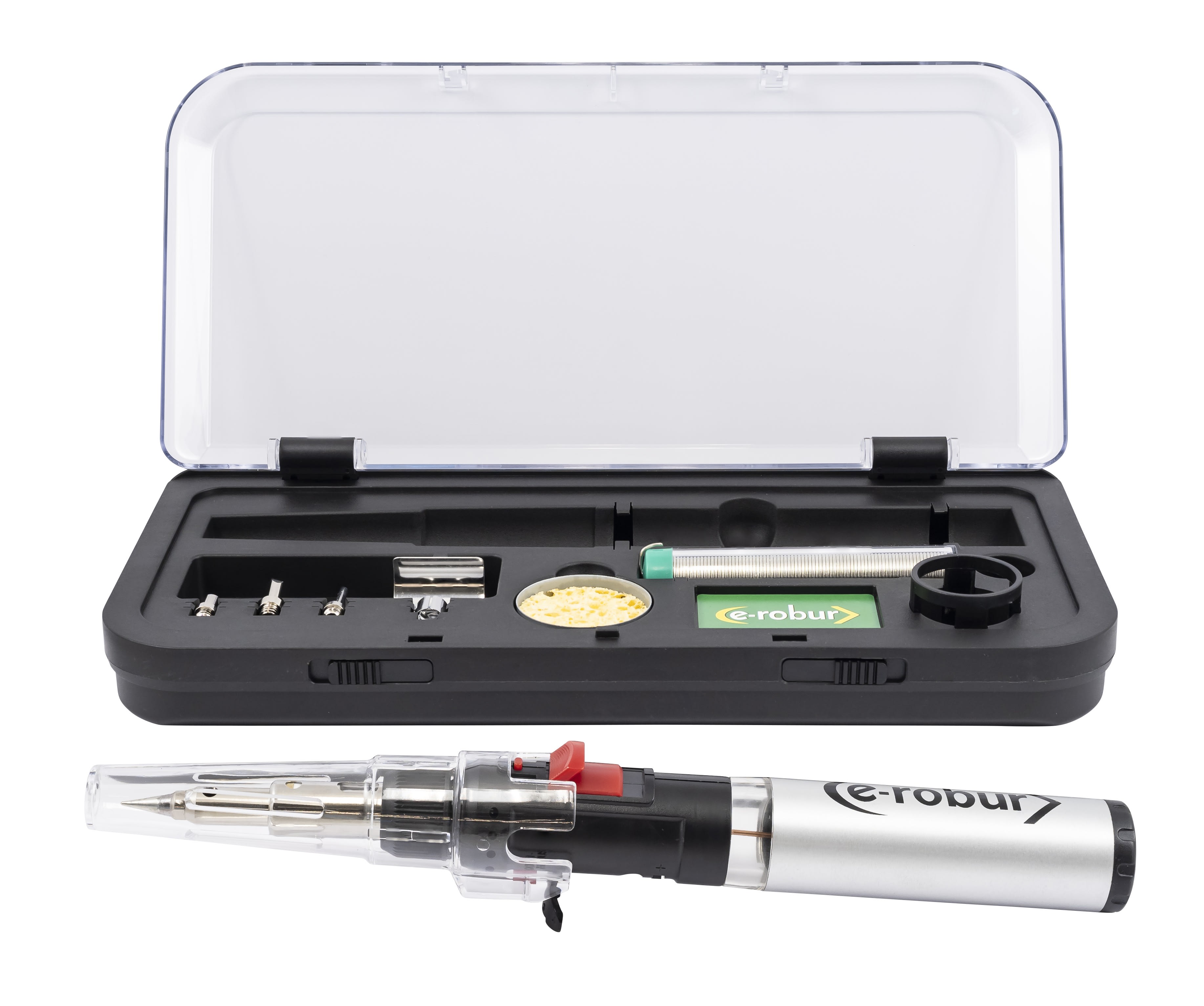 AGI Robur - Kit fer à souder à gaz, 90/150W, 5 pannes, support, éponge et coffret