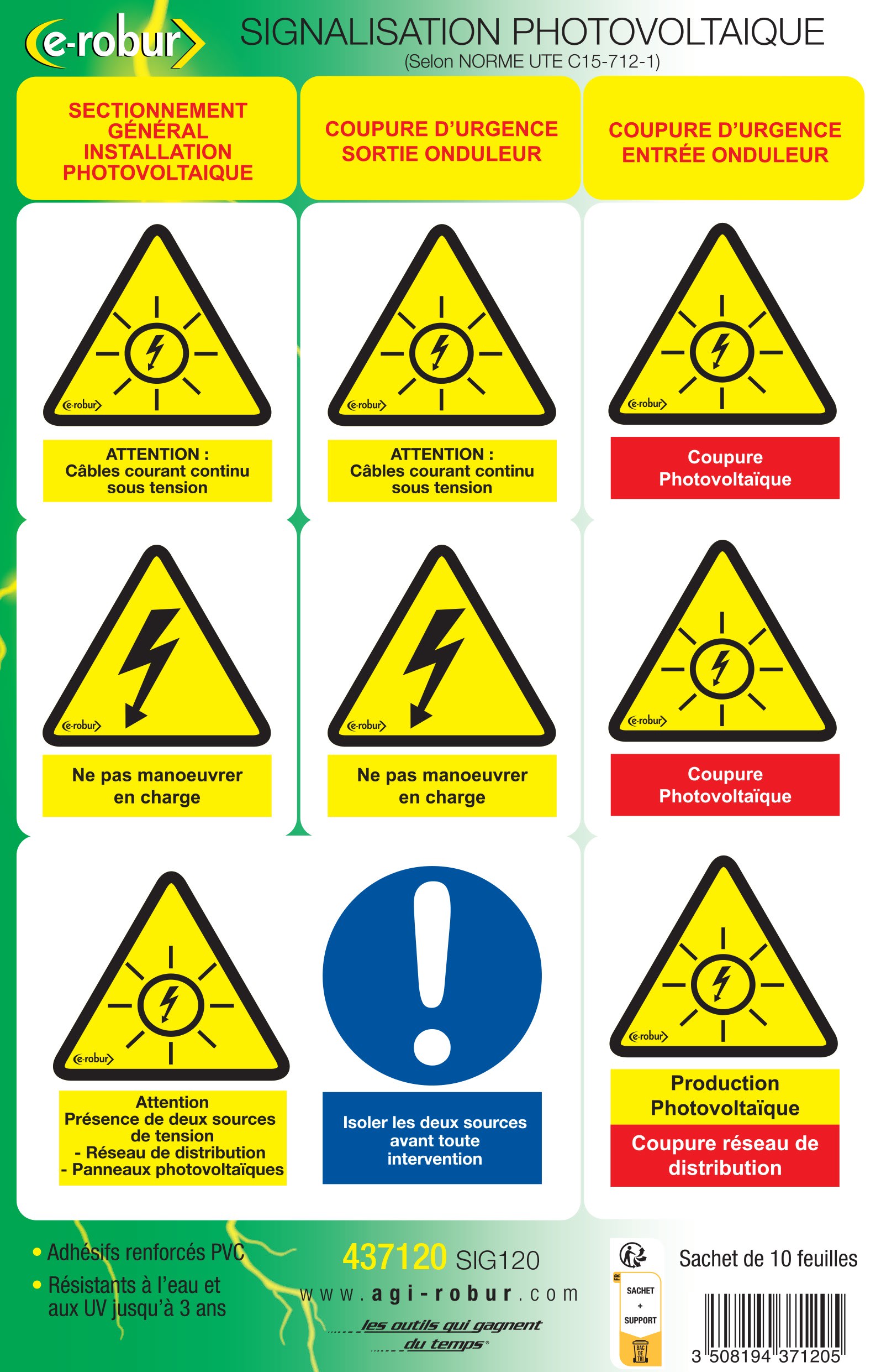 AGI Robur - Planches de 11 étiquettes assorties photovoltaïque. Sachet de 10 planches.