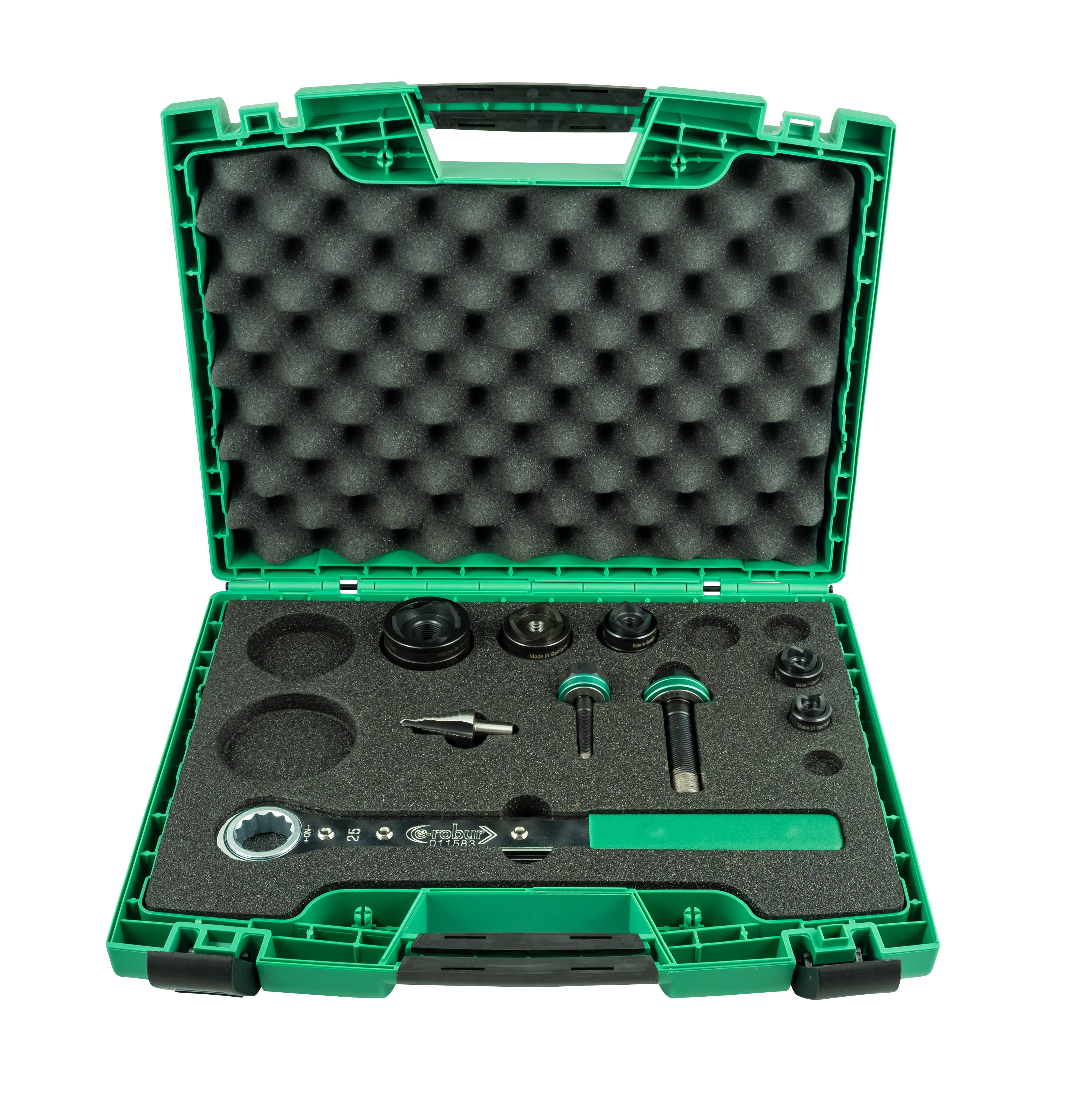 AGI Robur - Coffret 5 poinçons et matrices e-vo3, ISO 16 à 40, avec axes Polydiam et clé