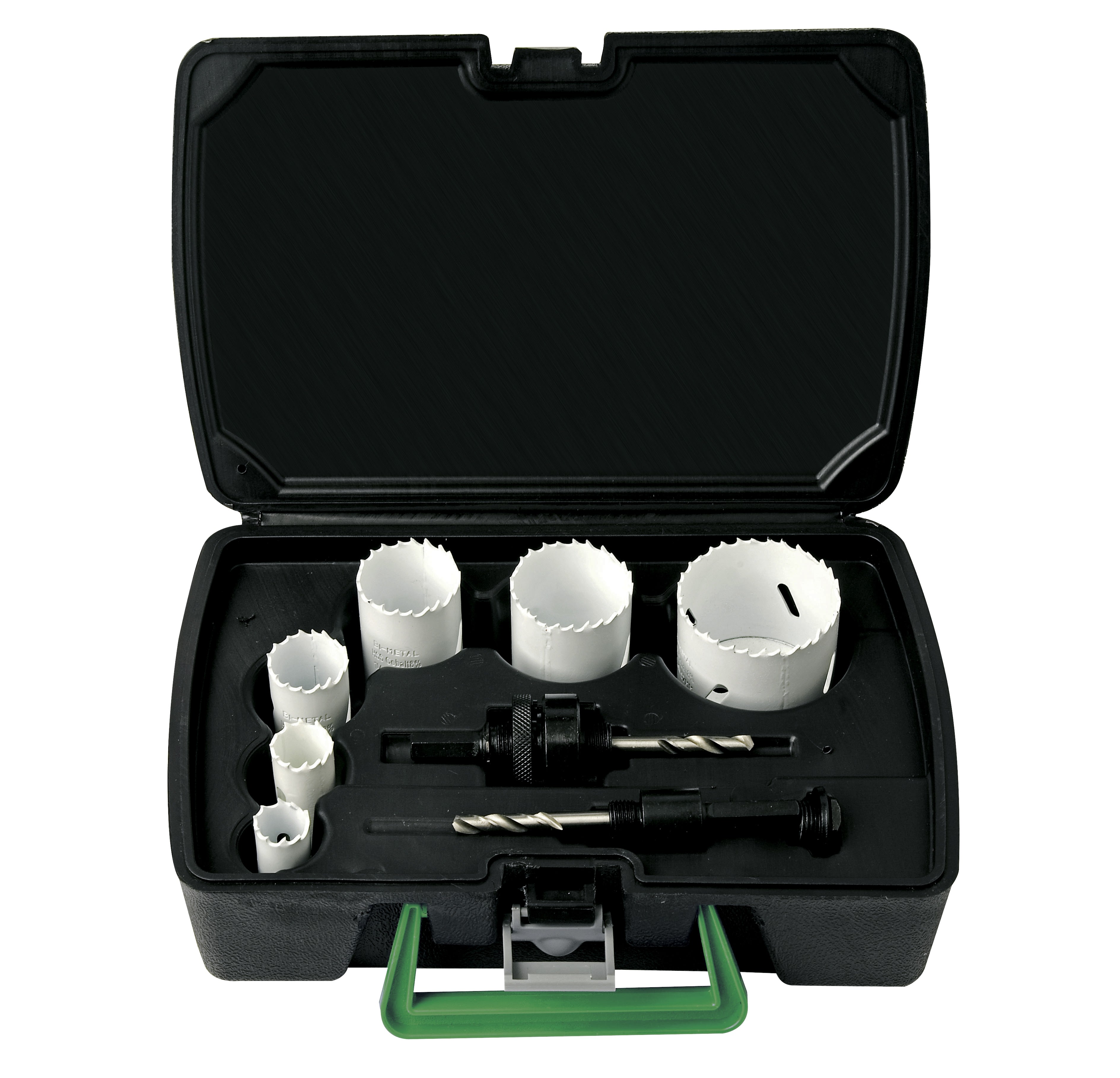 AGI Robur - Coffret de 6 scies trépans cobalt 16-20-25-32-40 mm avec arbres moteur.