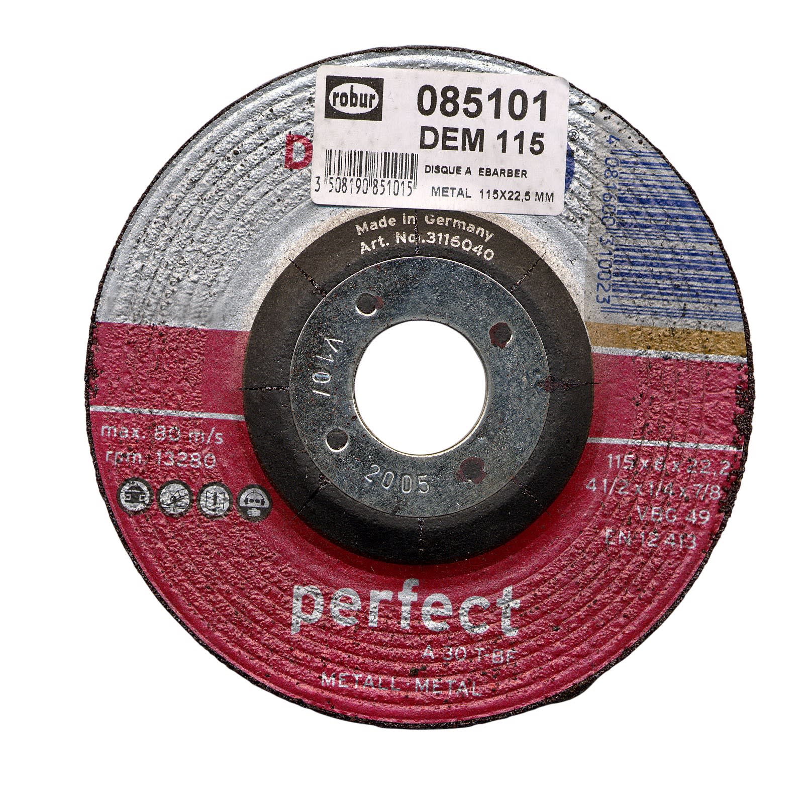 AGI Robur - Disque à ébarber le métal diam 115 mm, alésage 22,2 mm, plat