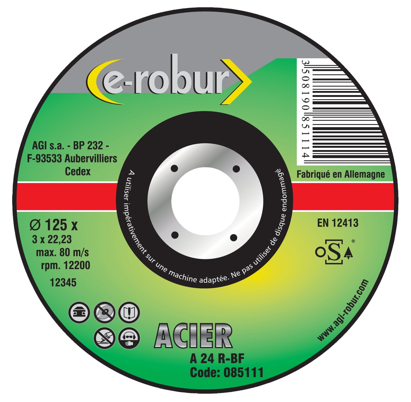 AGI Robur - Disque à tronçonner le métal. 230x3mm, alésage 22.2mm. Plat. Vitesse 6600 t/mn.