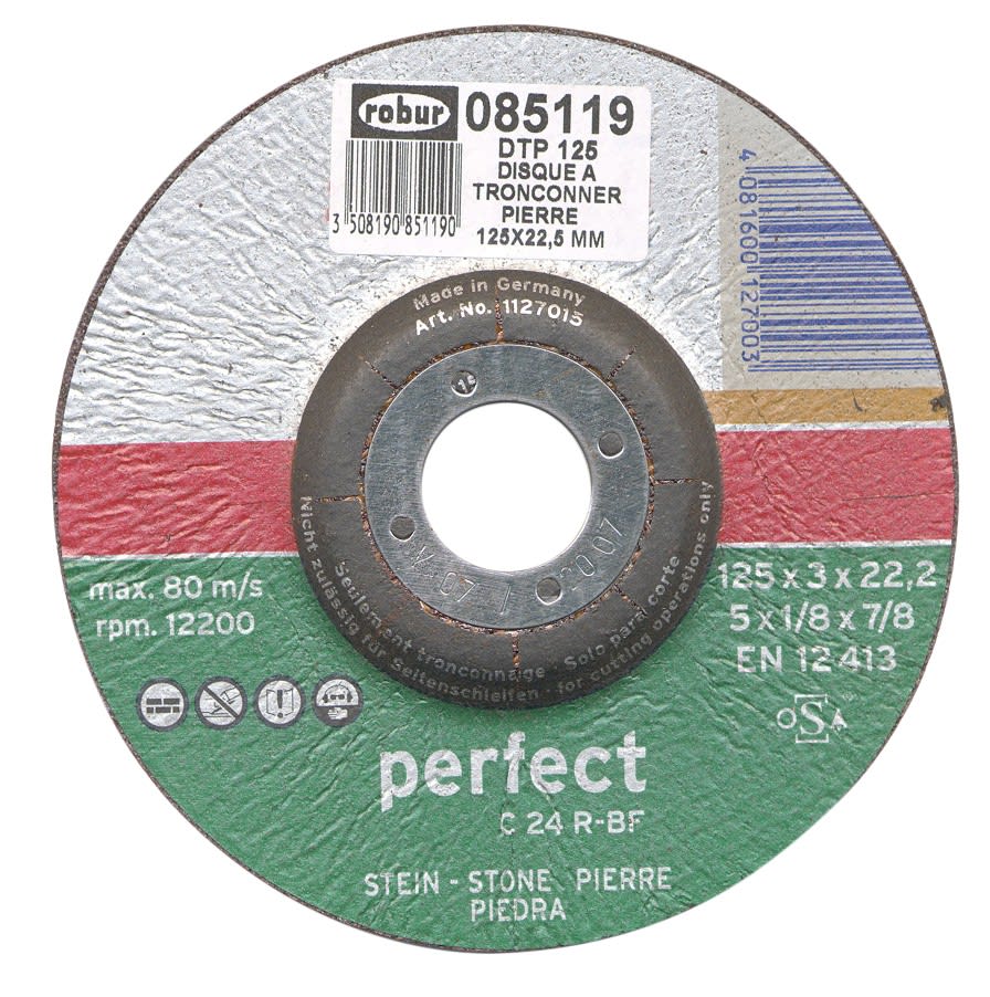 AGI Robur - Disque à tronçonner la pierre. 125x3mm, alésage 22.2mm. Plat. Vitesse 12200 t/mn
