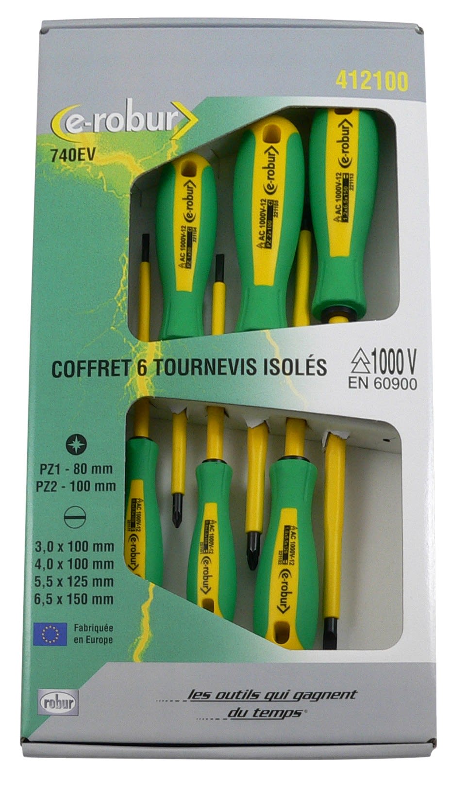 AGI Robur - Coffret 6 tournevis trimatière isolés 1000V PZ1-2, plats 3-4-5,5-6,5mm