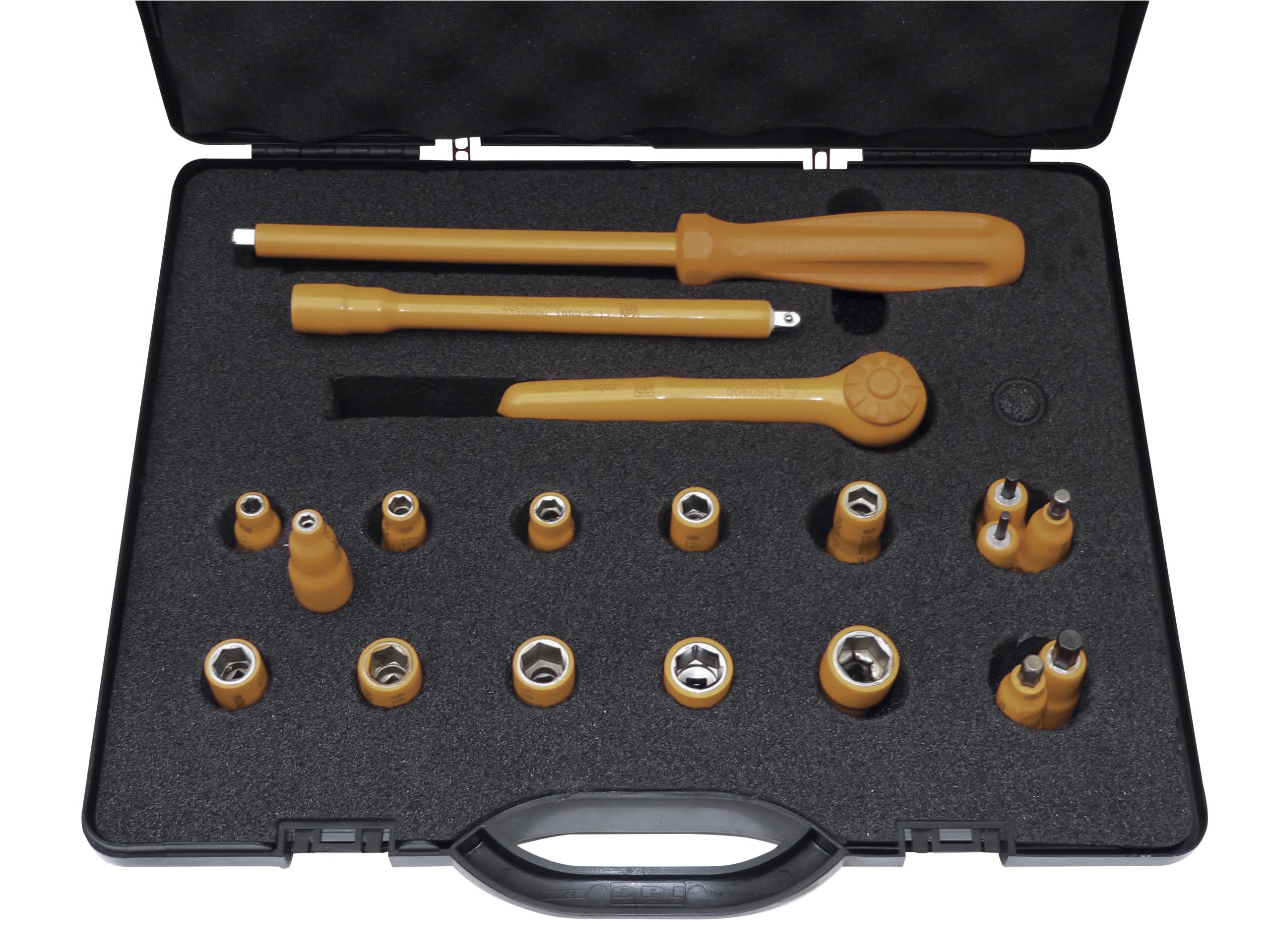 AGI Robur - Clé à cliquet 1/4 avec douilles6P, embouts 6P, tournevis 1/4 et rallonge. Isolé.