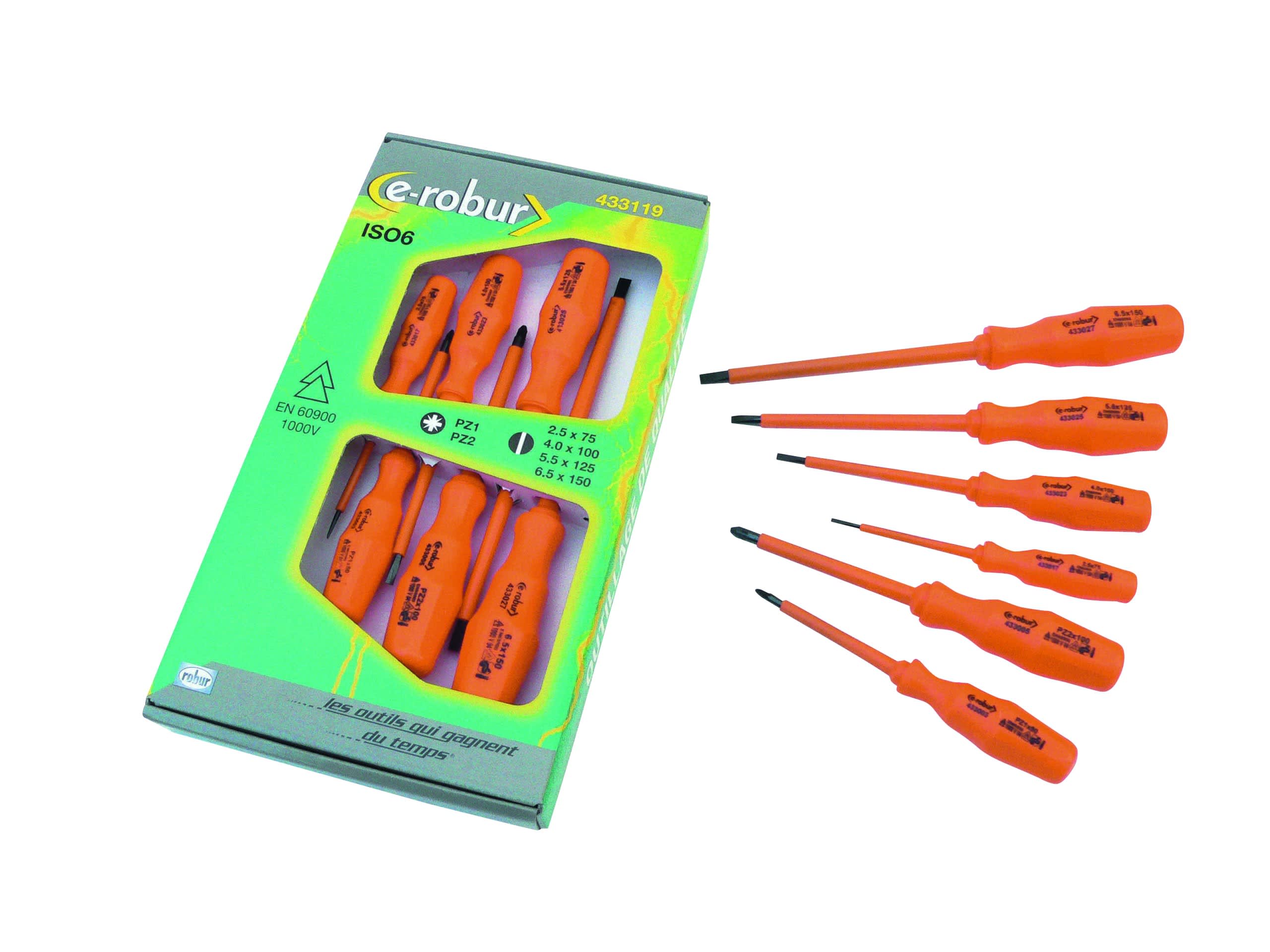 AGI Robur - Coffret 6 tournevis isolés 1000V PZ1-2, plats 2,5-4-5,5-6,5mm