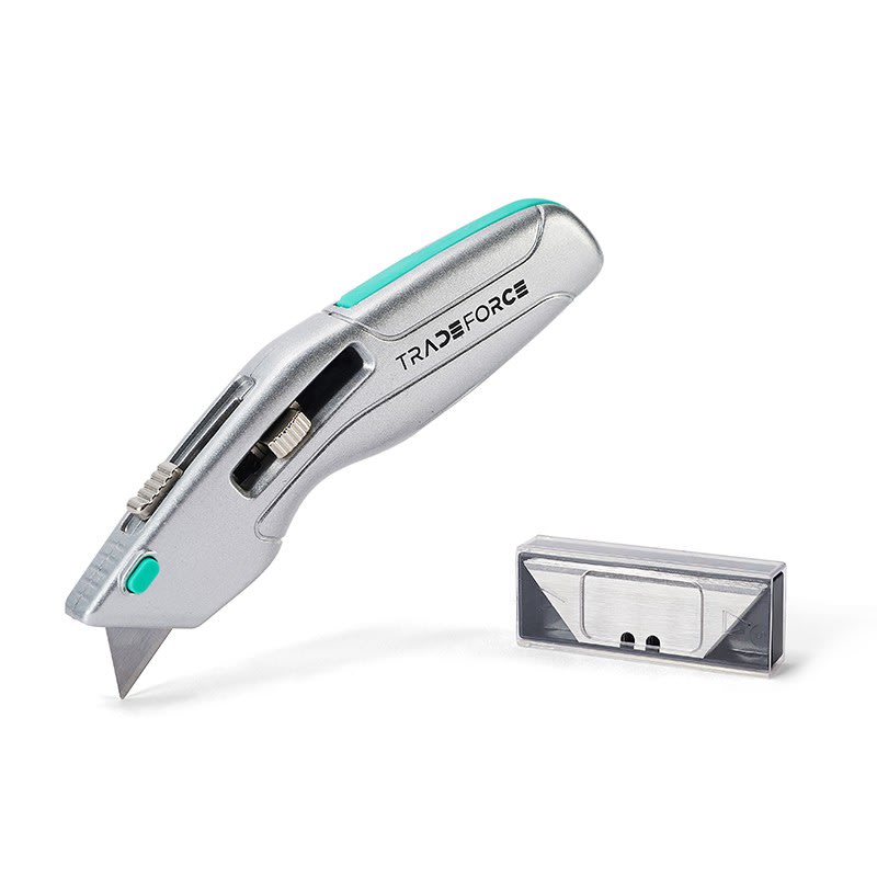 TradeForce - Cutter de securite a lame retractable ou sortie fixe. Reservoir 3 lames rapide
