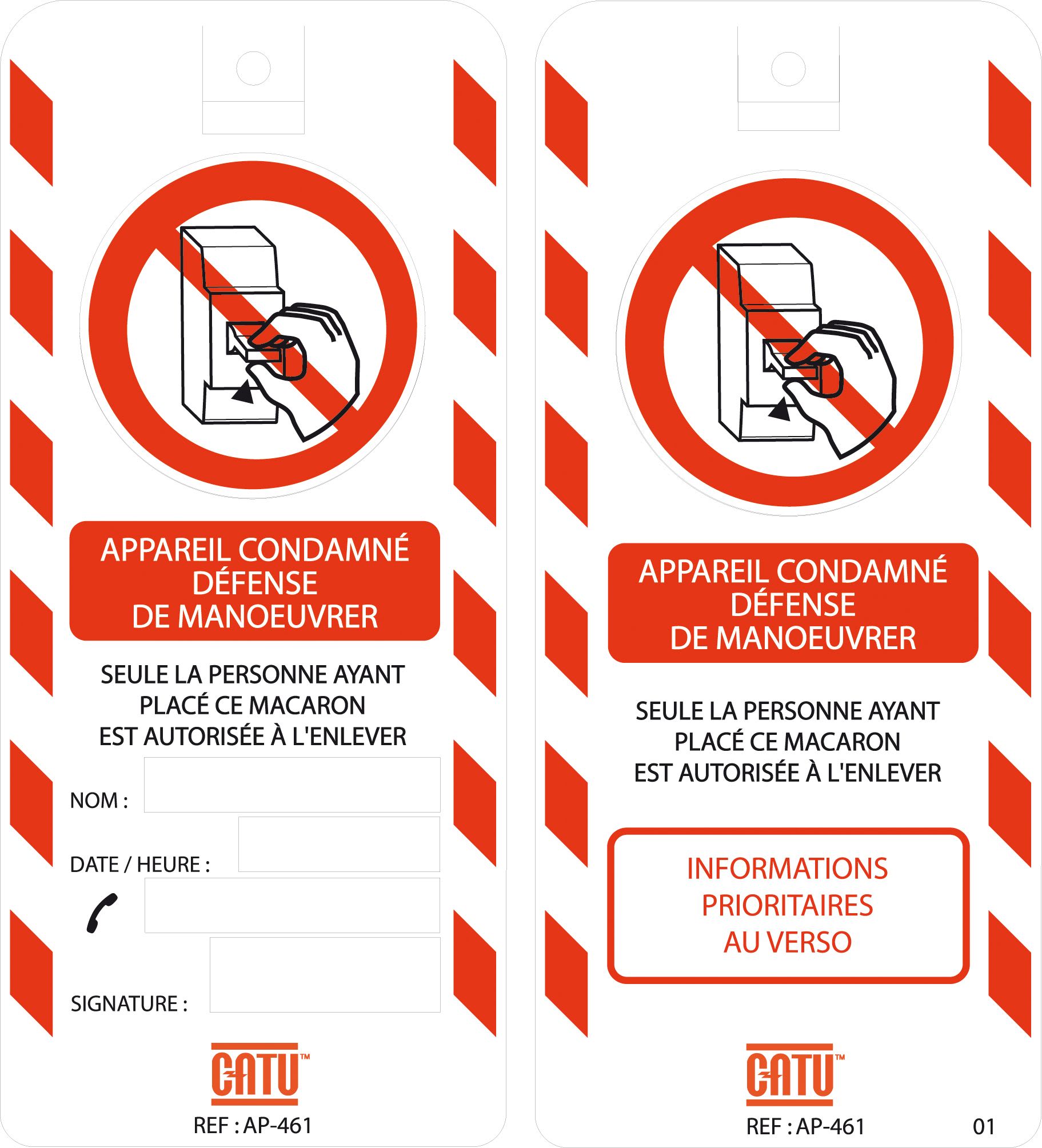 Catu - Affichette PVC de signalisation "CONDAMNATION BT", dimensions 170 x 75 mm.