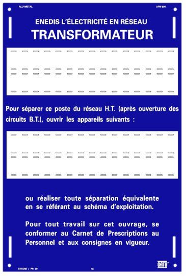 Catu - Plaque alumétal de signalisation"ENEDIS TRANSFORMATEUR"60car. 300 x 200 mm.