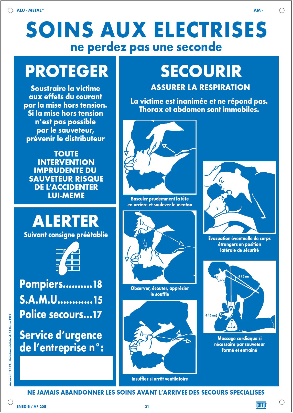 Catu - Affiche Alumétal? "SOINS AUX ÉLECTRISÉS" 500 x 350 mm.