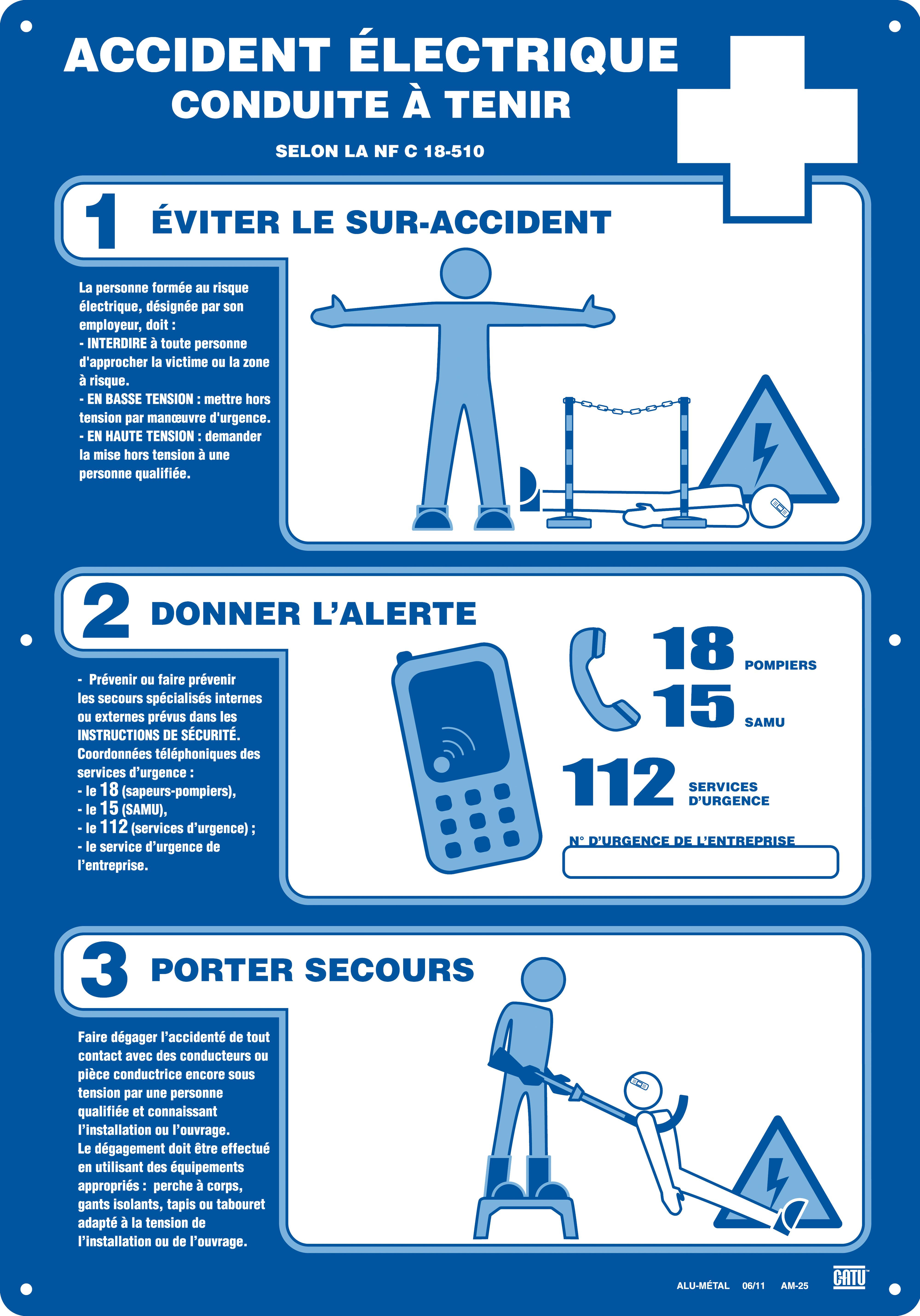 Catu - Affiche Alumétal «ACCIDENT ? A TENIR» selon NFC18510 - Numéros FR - 350x500mm.