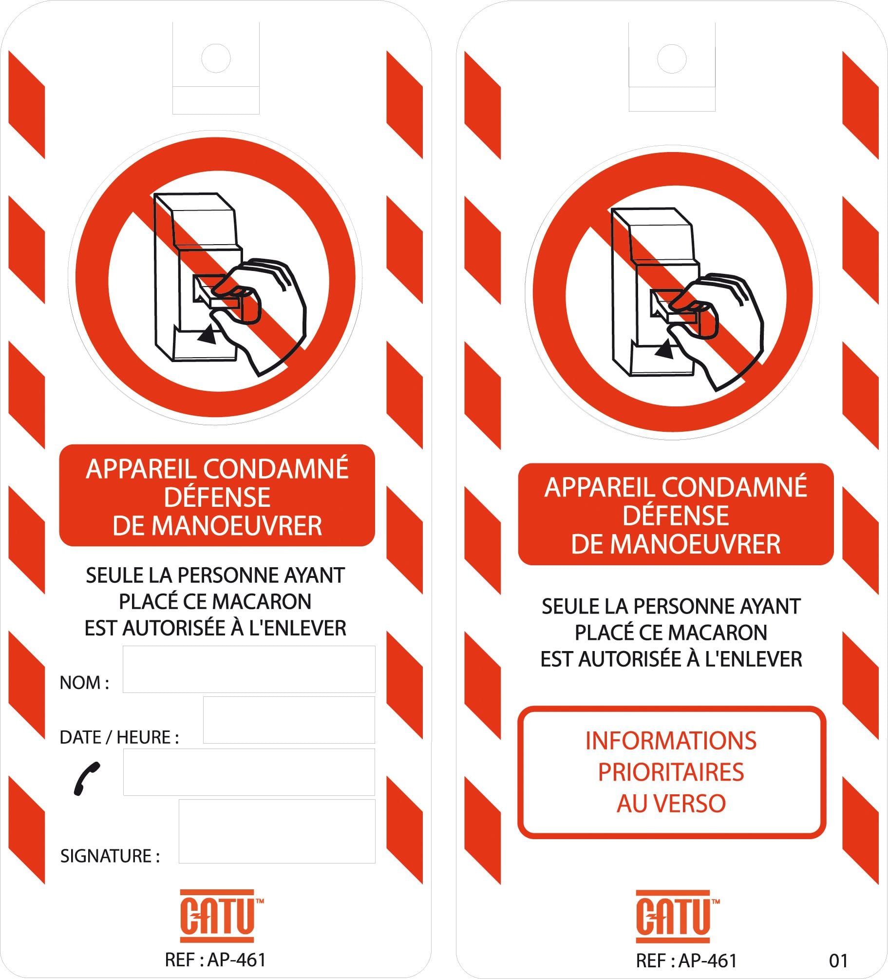Catu - Affichette PVC de signalisation "CONDAMNATION BT", dimensions 170 x 75 mm.
