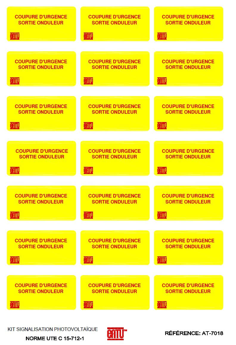 Catu - Planche de 21 étiquettes autocollantes "Coupure d'urg., sortie ond." 40 x 20 mm.