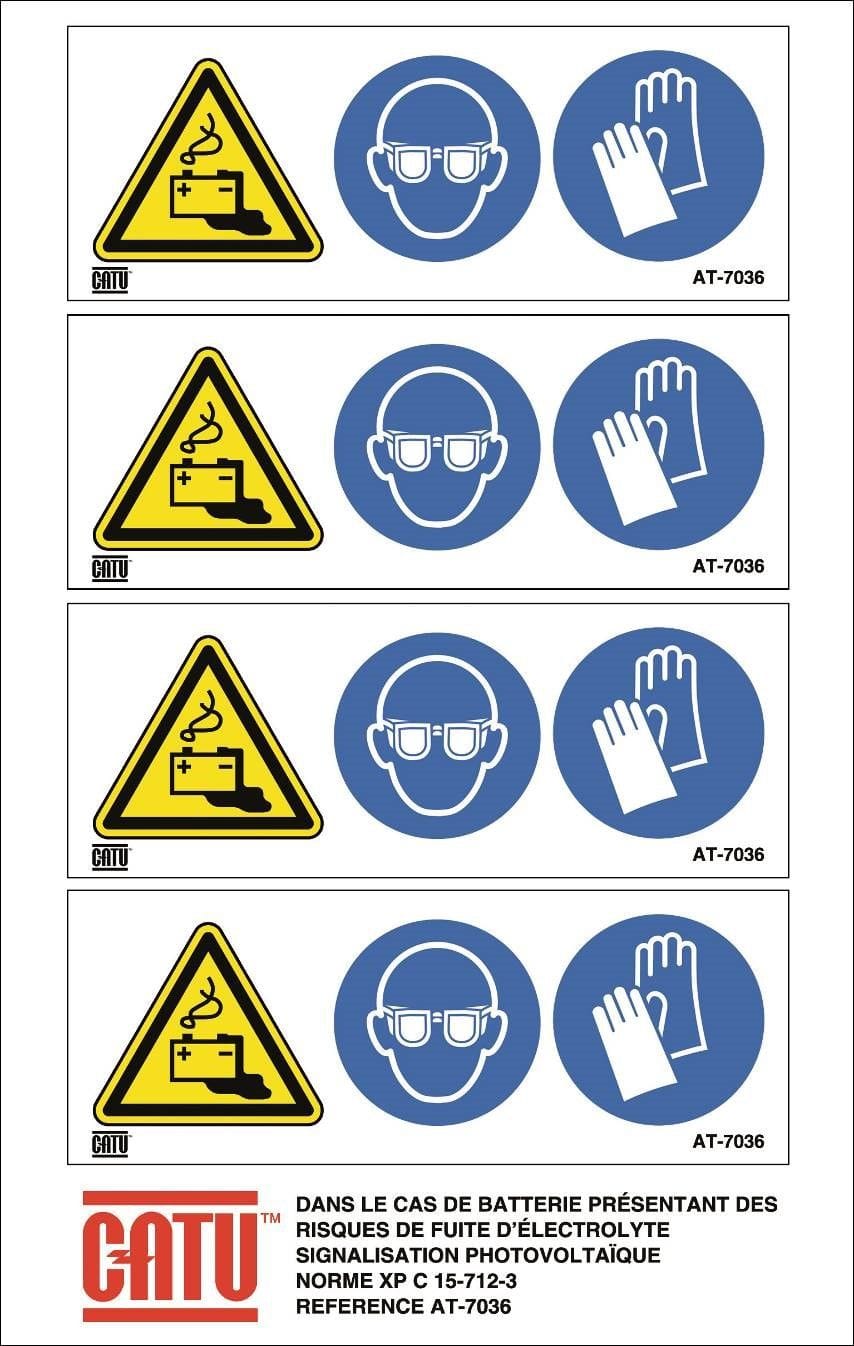 Catu - Planche de 4 étiquettes autocol. "Danger batt, Lunettes, Gants"  110 x 42 mm.
