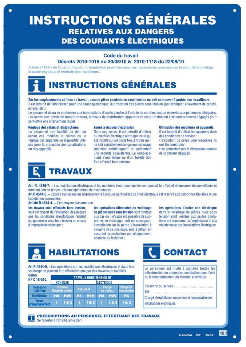 Catu - Affiche "Instructions générales relatives aux dangers des courants électriques".