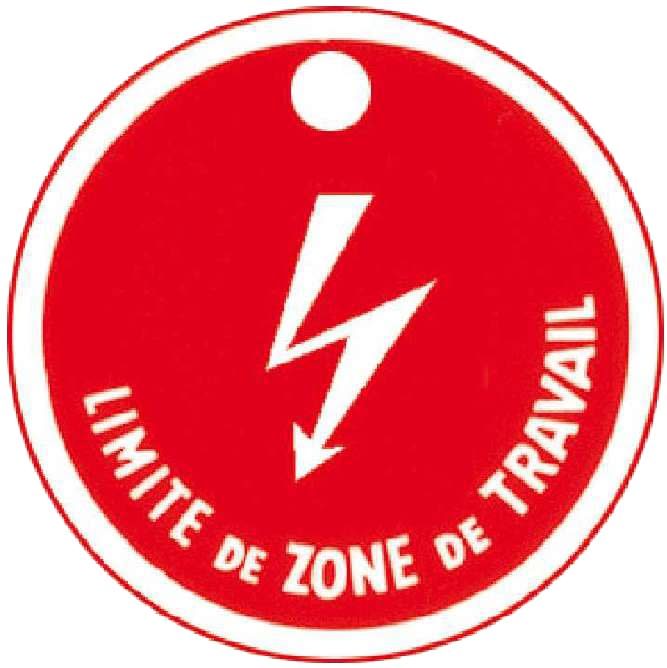 Catu - Macaron de consignation. Alu, fond rouge. Ø 300 mm. "LIMITE DE ZONE DE TRAVAIL".
