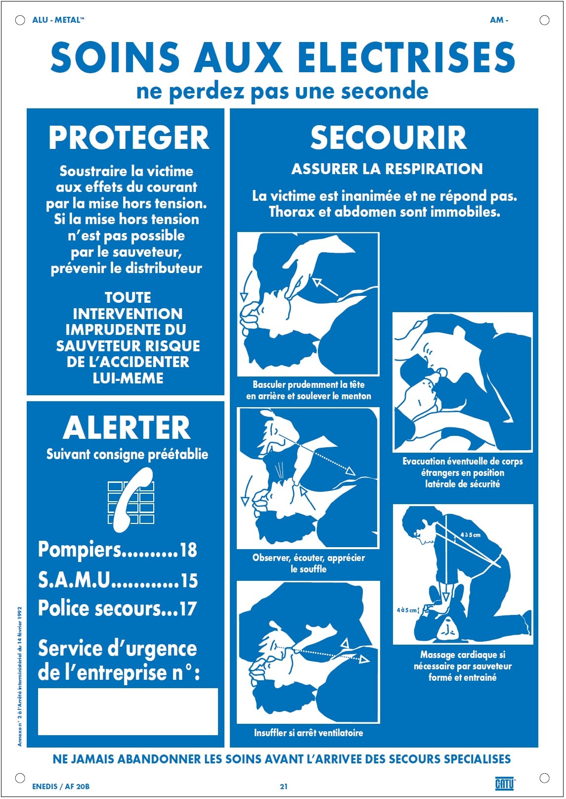 Catu - Affiche Alumétal "SOINS AUX ÉLECTRISÉS", format A4.