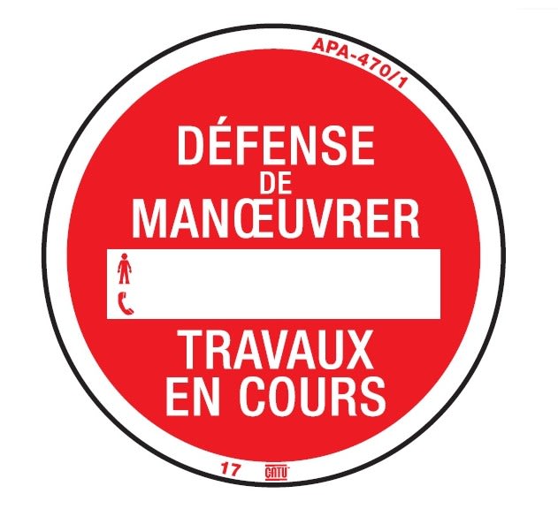 Catu - Macaron de consignation, ENEDIS fond rouge. Ø100mm. "DEF DE MAN?UVRER, TRAVAUX"