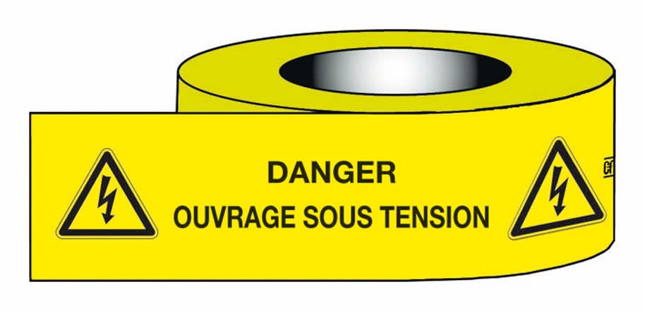 Catu - Ruban de marquage adhésif PVC jaune "DANGER OUVRAGE SOUS TENSION" 100 x 50mm.