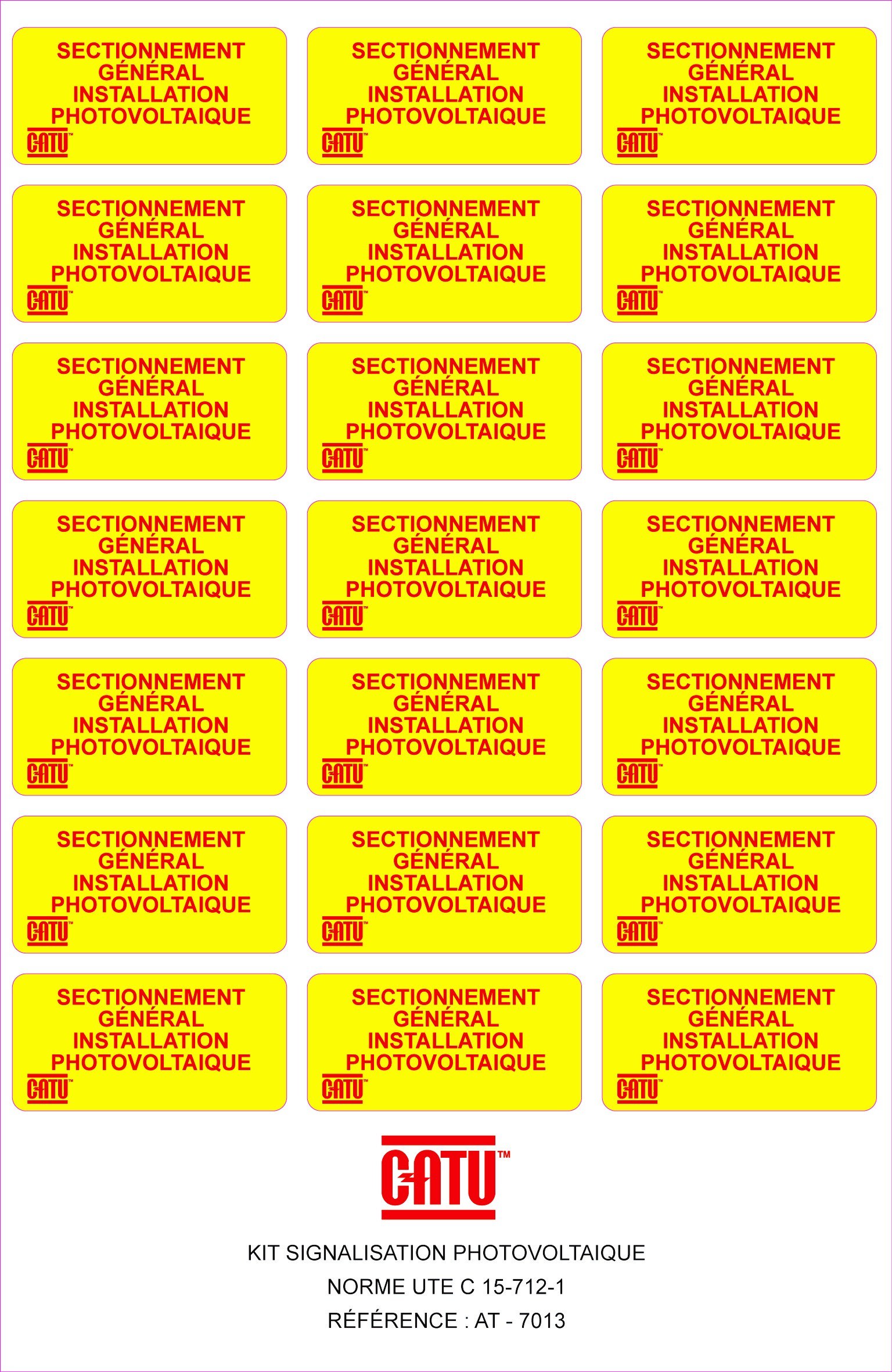 Catu - Planche de 21 étiquettes autocollantes pour installations photovoltaïques.