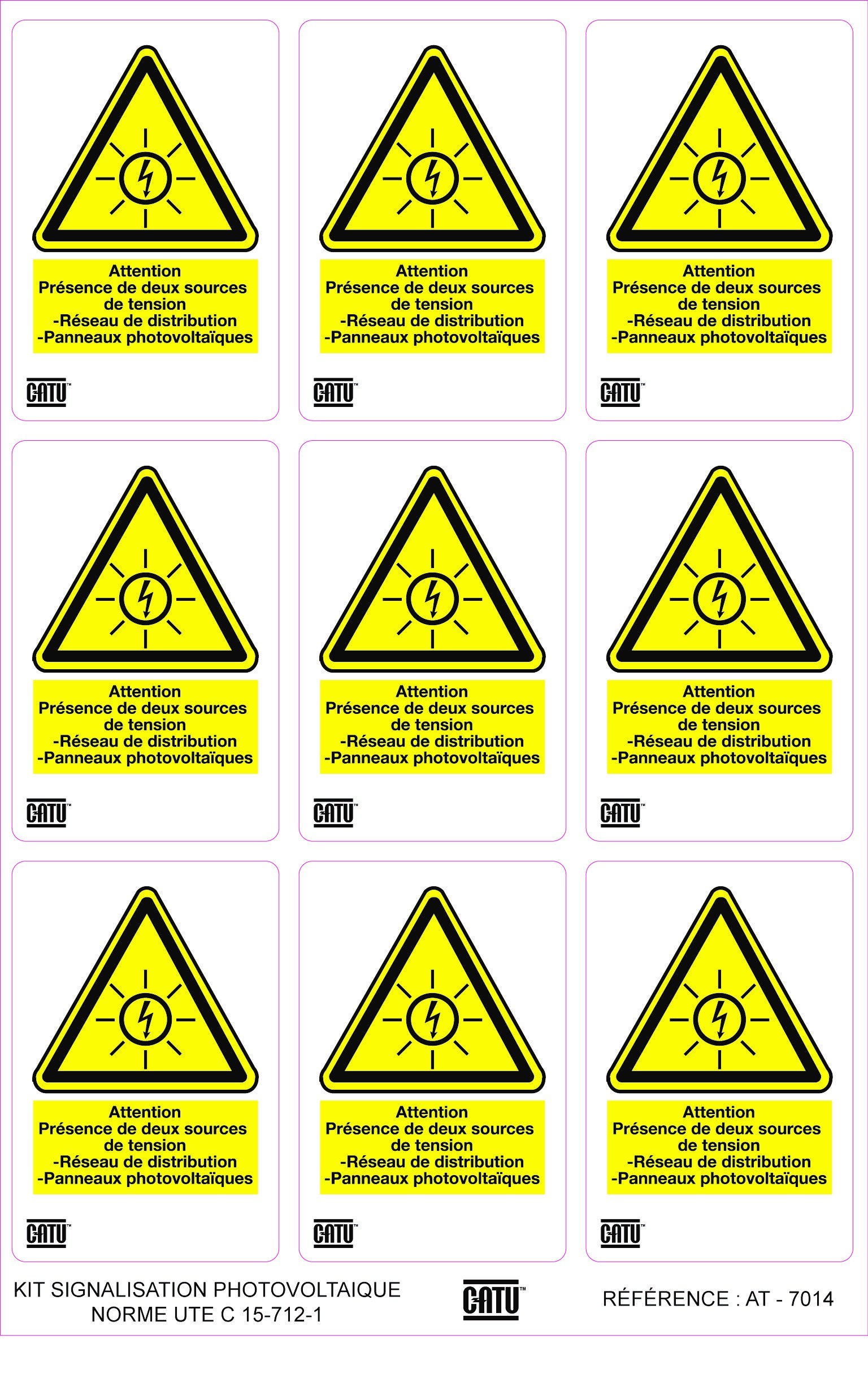 Catu - Planche de 9 étiquettes autocollantes pour installations "Att" photovoltaïques.