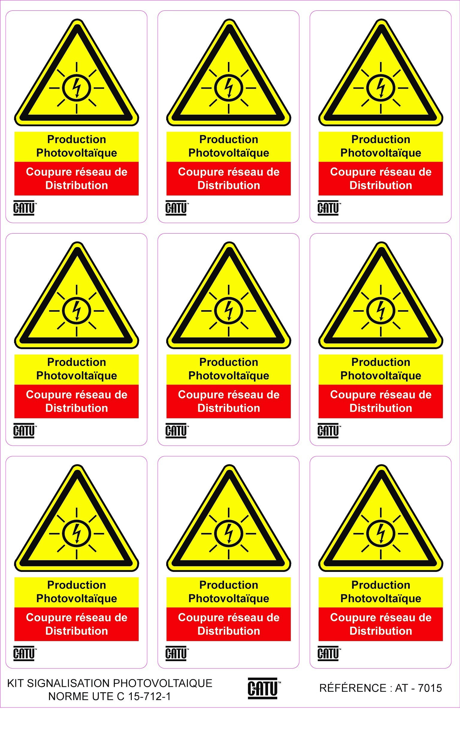 Catu - Planche de 9 étiquettes autocollantes "coup" pour installations photovoltaïques.