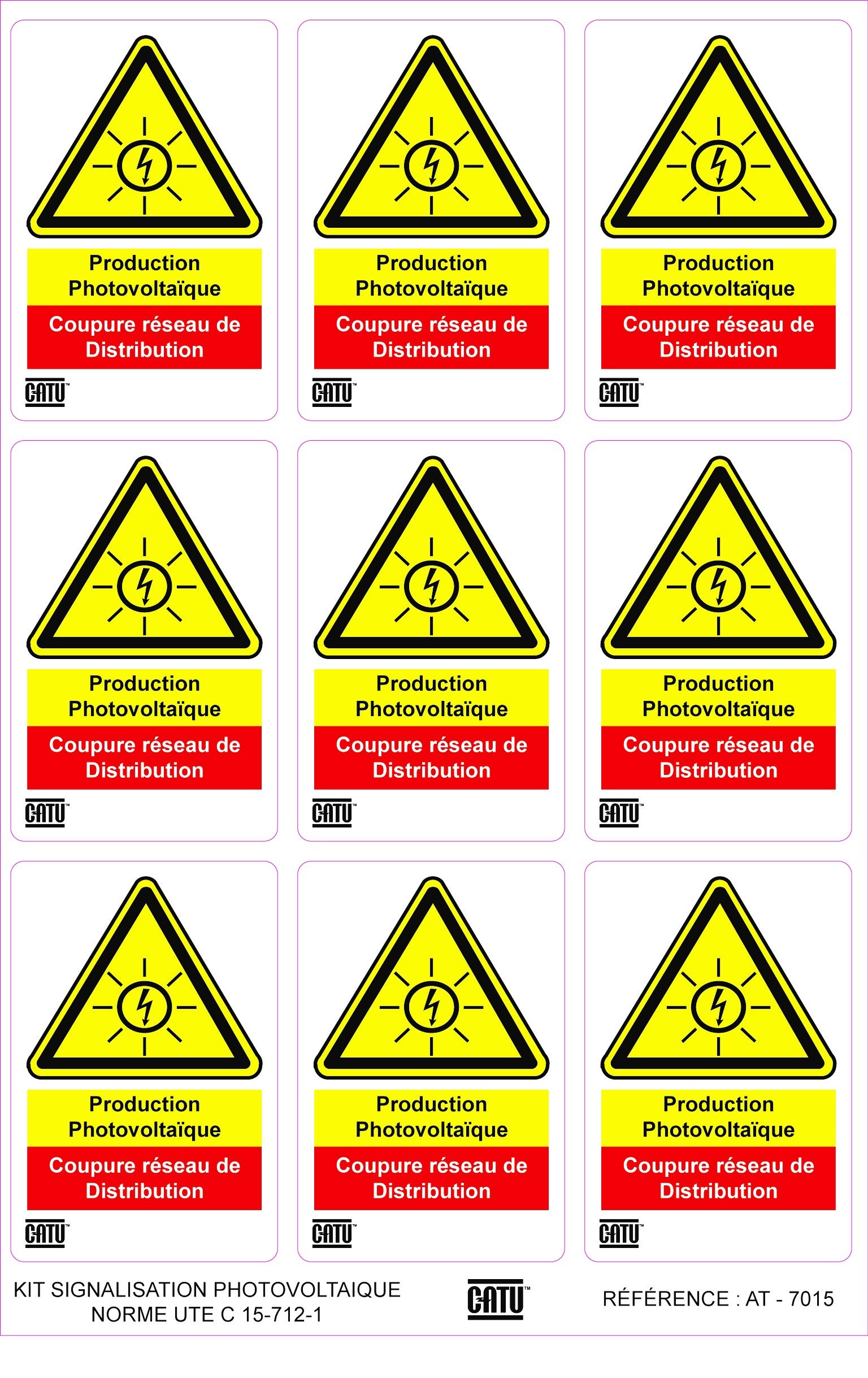 Catu - Planche de 9 étiquettes autocollantes "coup" pour installations photovoltaïques.