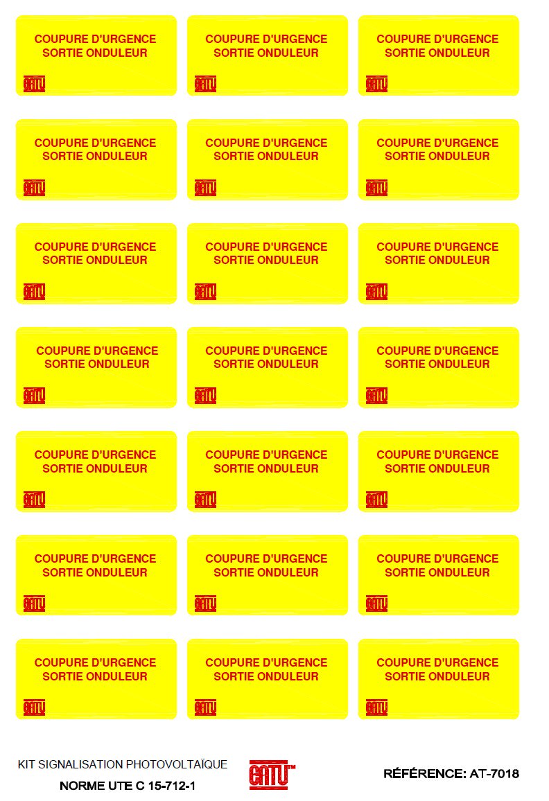Catu - Planche de 21 étiquettes autocollantes "Coupure d'urg., sortie ond." 40 x 20 mm.