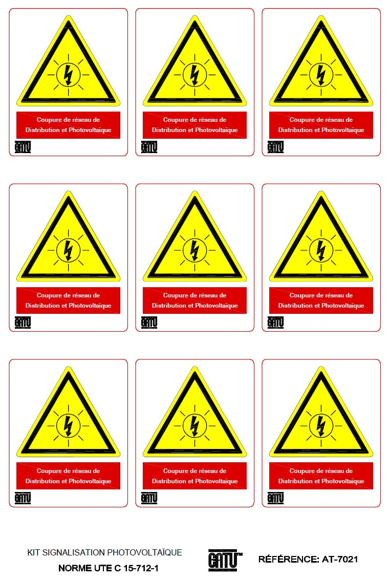 Catu - Planche de 9 étiqu. autocoll. "Coupure rés. de distri. et photovol." 50 x 40 mm.