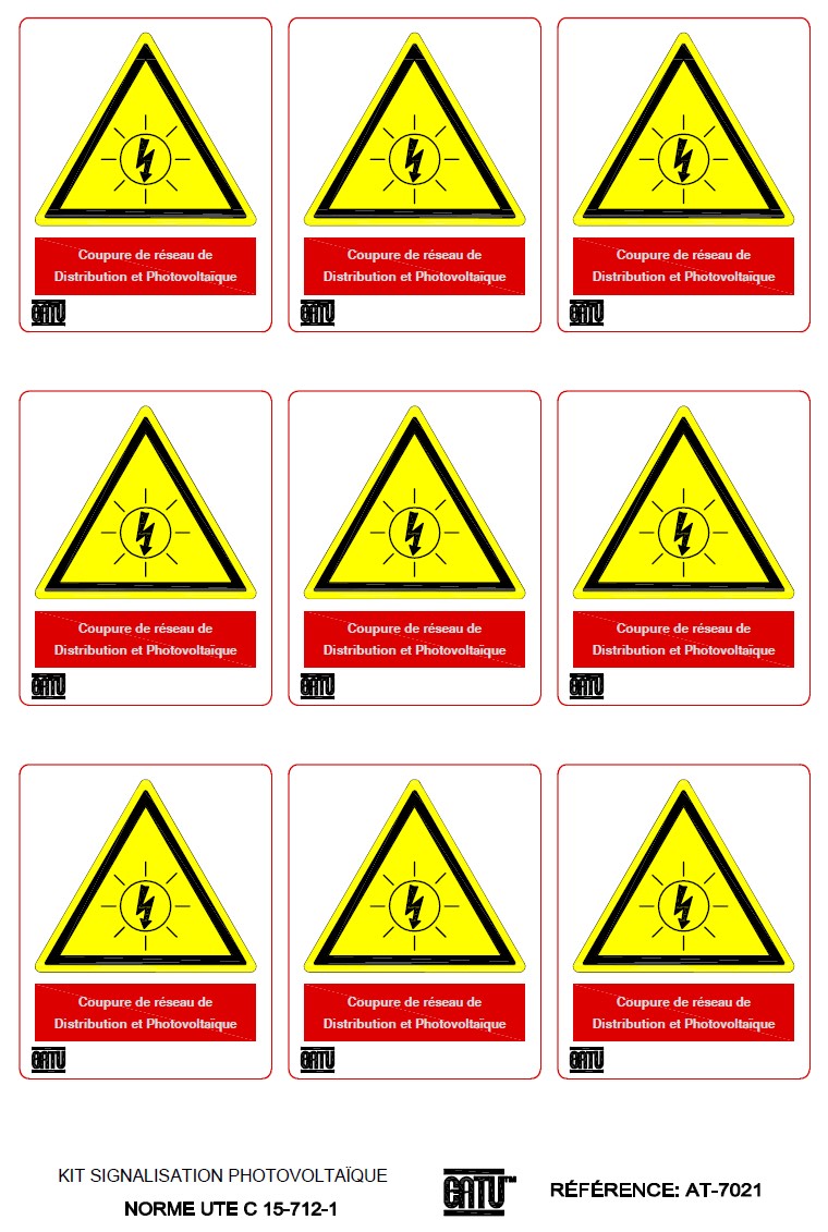 Catu - Planche de 9 étiqu. autocoll. "Coupure rés. de distri. et photovol." 50 x 40 mm.