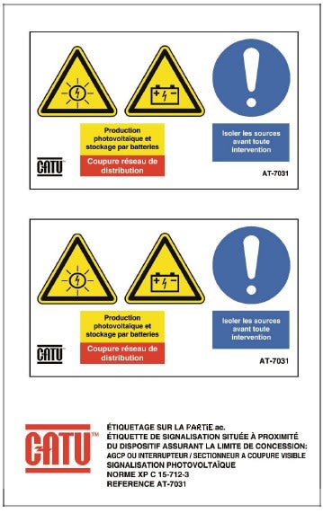 Catu - Planche de 2 étiqu. autocoll. "Prod. Photovol. et stock..." 110 x 65 mm.
