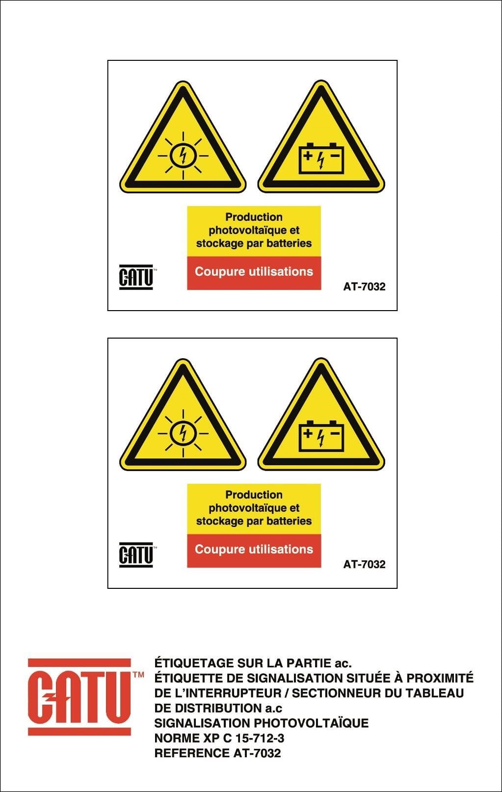 Catu - Planche de 2 étiquettes autocollantes "Prod. Photovol. et stock.." 75 x 65 mm.