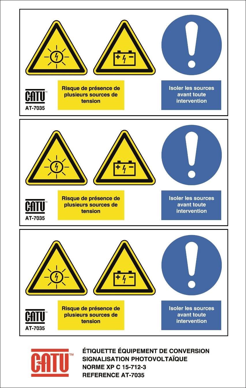 Catu - Planche de 3 étiq autocol "Risq de présence de plus srces de tens." 110 x 65 mm.