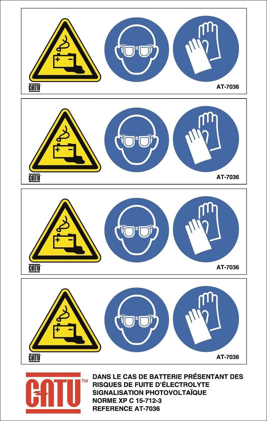 Catu - Planche de 4 étiquettes autocol. "Danger batt, Lunettes, Gants"  110 x 42 mm.