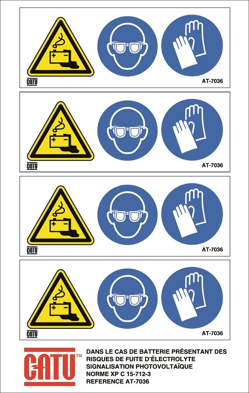 Catu - Planche de 4 étiquettes autocol. "Danger batt, Lunettes, Gants" 110 x 42 mm.